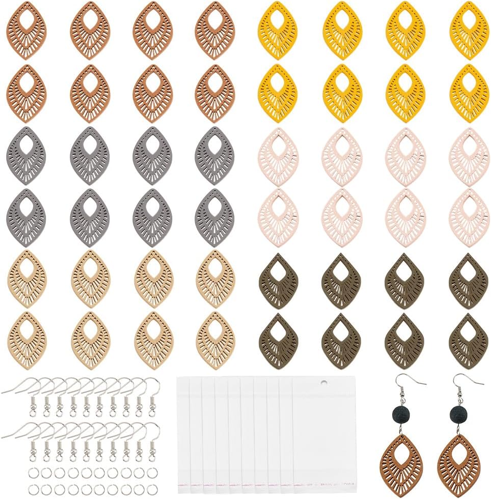 PandaHall 228Pcs Wooden Earrings Pendants, 35x24mm Leaf Dangle Charm Earring Making DIY Kit Embellishments Hanging Ornaments Earrings Pendants Charms with Earring Hooks for Jewelry Makings