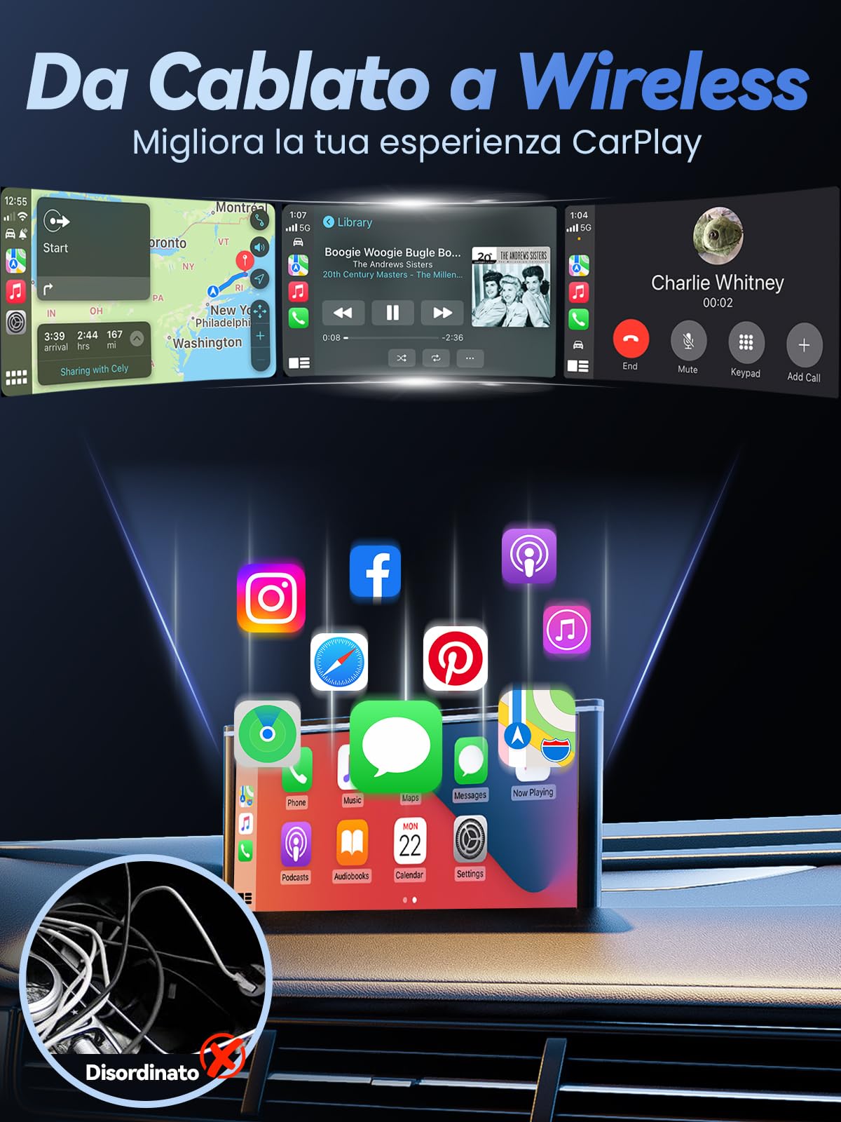 H3 Adattatore CarPlay Wireless per iPhone - Convertitore da Cablato a Wireless, Plug and Play USB/Type-C, Compatibile con Auto dal 2016 e iOS 10+