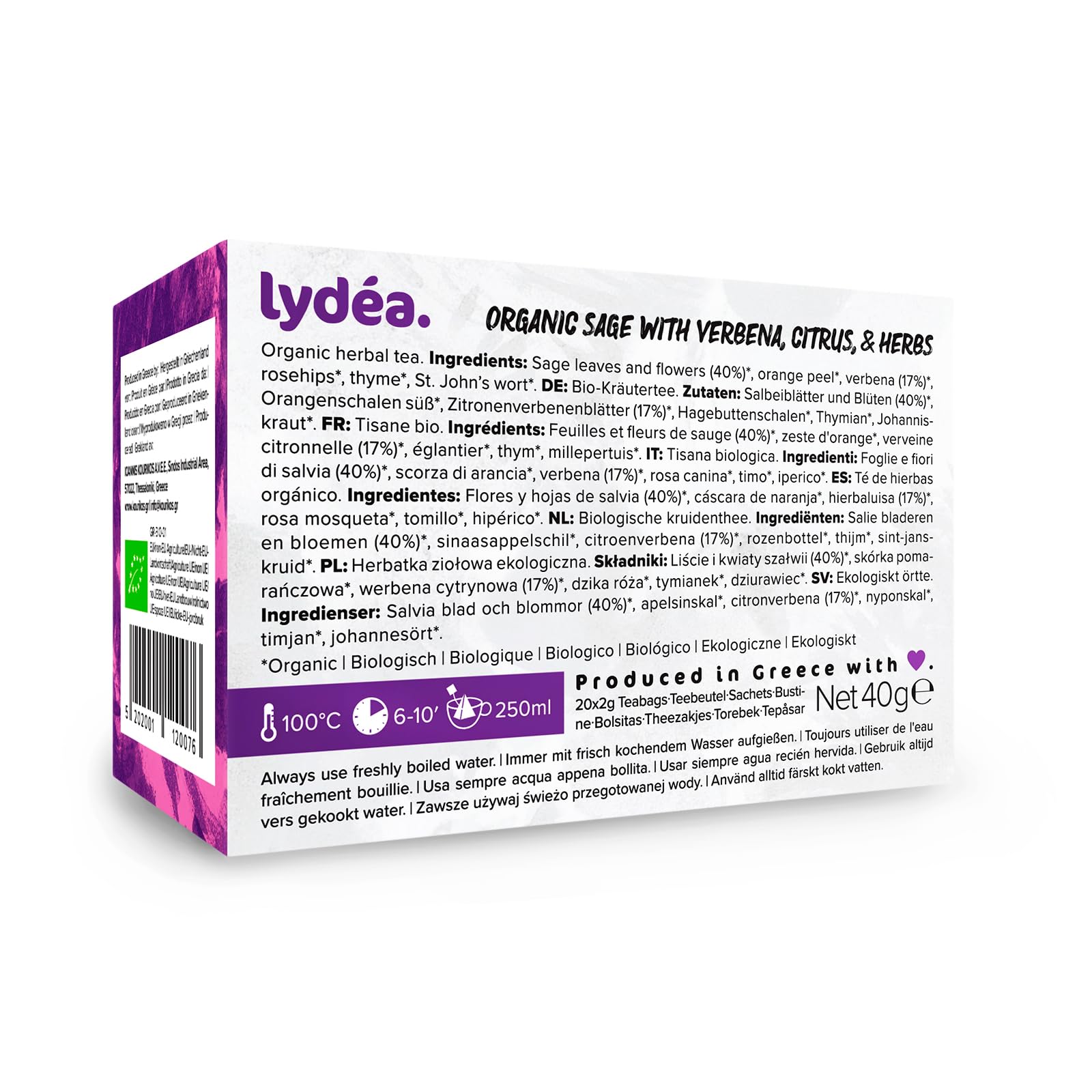 Lydea Tisane bio, sauge avec verveine, agrumes et herbes, 60 pyramides, lot de 3 [3 x 20 pyramides]
