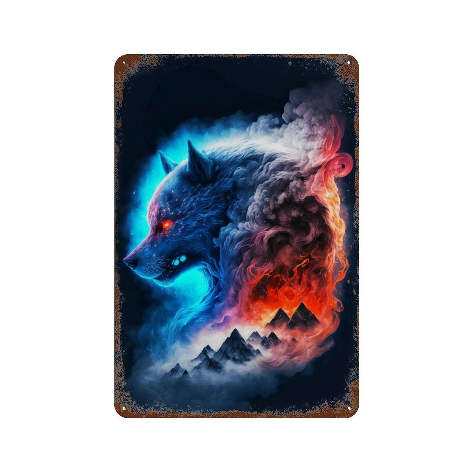 Rust Effect Tin Sign Flaming Wolf Art Print -4 11.8"x7.9", Vintage Wall Decor for Living Room, Hallway And Home Decor