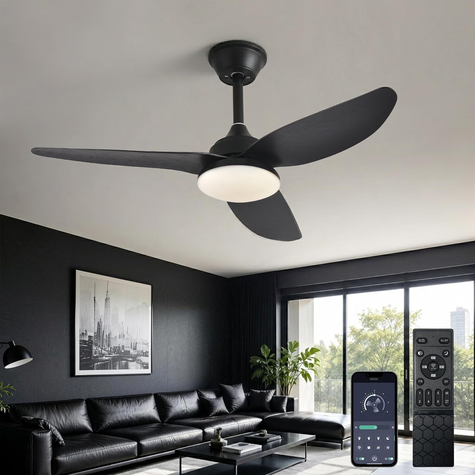AQLEDY Modern Ceiling Fans with LED Lights and Remote 100cm, 3 Blade Fan Lights Ceiling Dimmable Memory Function, 6 Speed Reversible DC Motor, Indoor Ceiling Light Fan for Living Bedroom - Black