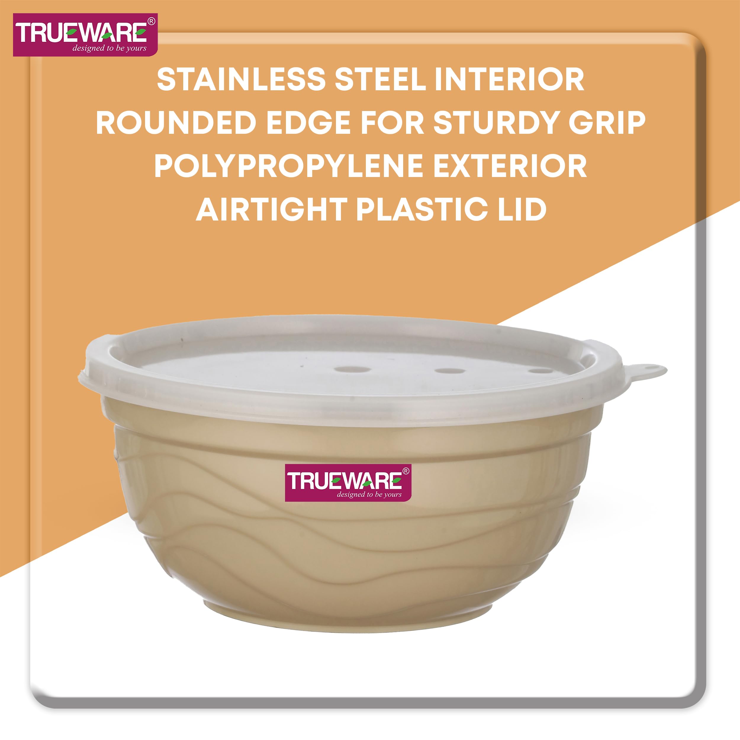 Trueware Microwave Safe Bowl |1 Year Warranty | Bowl Sets, Bowl, Serving Bowl with lid |1000,1400,2000 ml | Florra Stainless Steel Serving Bowls, Microwave Bowl | Mixing Bowl Set of 3 with Lid- Cream 3