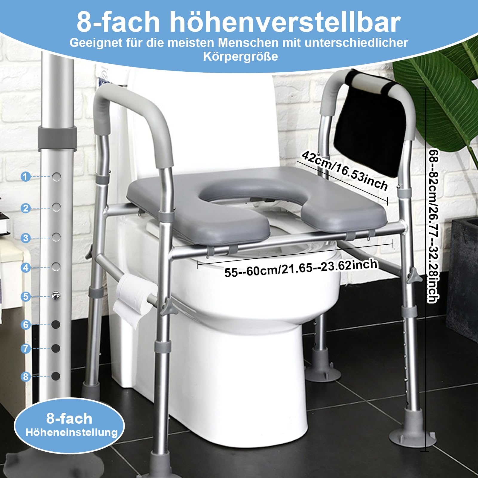 Asiento elevado para inodoro con asas, altura regulable en 8 posiciones, 68 – 85 cm, con soporte para pañuelos, bolsa de almacenamiento de 150 kg para cualquier inodoro, personas mayores
