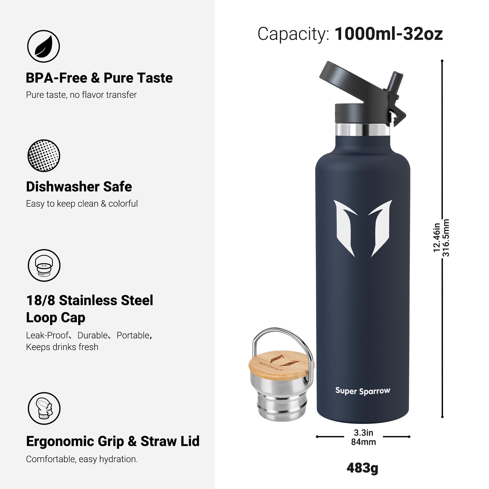 Super Sparrow Borraccia Termica - Bottiglia Termica Senza Perdite - 350ml/500ml/620ml/750ml/1L - Senza BPA Borracce Bambini - Per Scuola, Sport, Campeggio, Palestra, Ciclismo - Con 2 Tappi