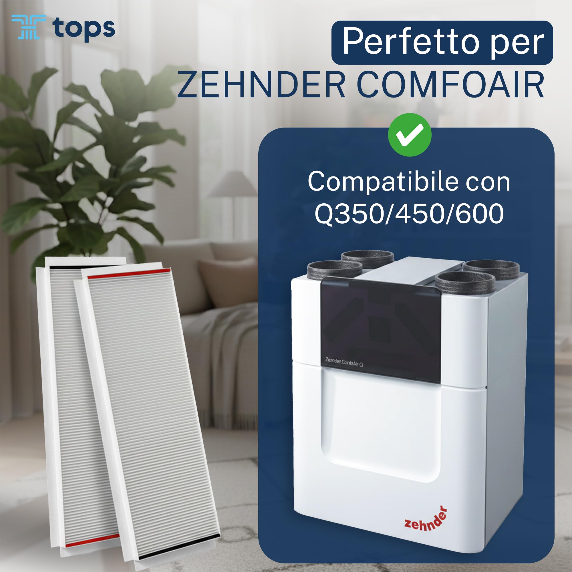Tops Filtri per Zehnder ComfoAir Q350/450/600 | 4x Zehnder Filtri G4 F7 | Filtri Zehnder | Sostituisce l'Originale Zehnder 400502013