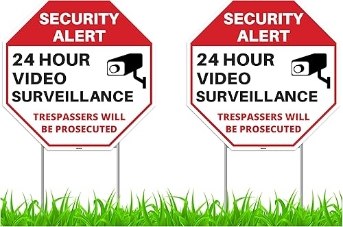 2 carteles de videovigilancia de 24 horas con estacas, 12 x 12 pulgadas, plástico corrugado, señales de no introducir para el hogar, patio al aire