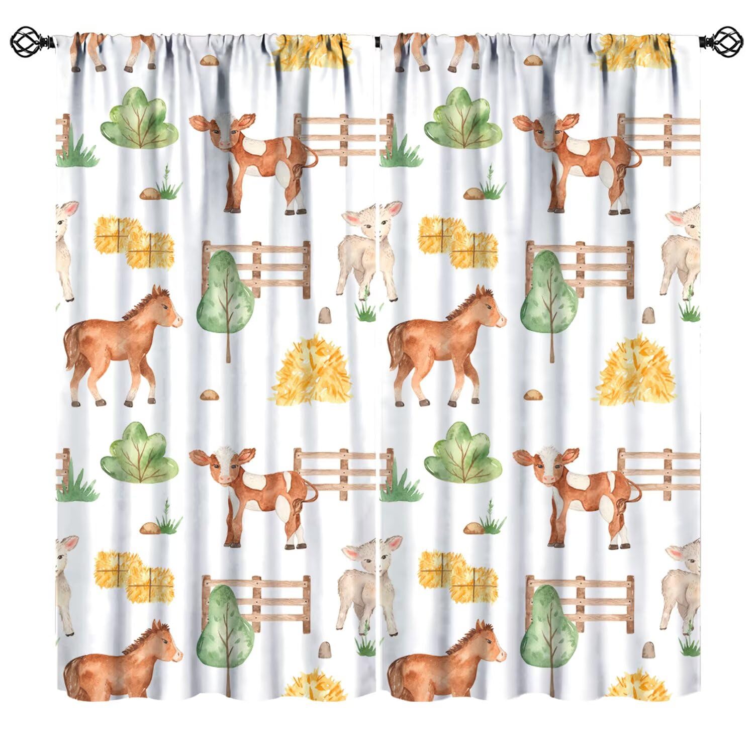 Mchenxin Watercolor Cute Farm Curtains, Cartoon Rustic Farm Life Barn Country Animals Horse Sheep Cow Print Blackout Window Drapes for Kids Boys Girls