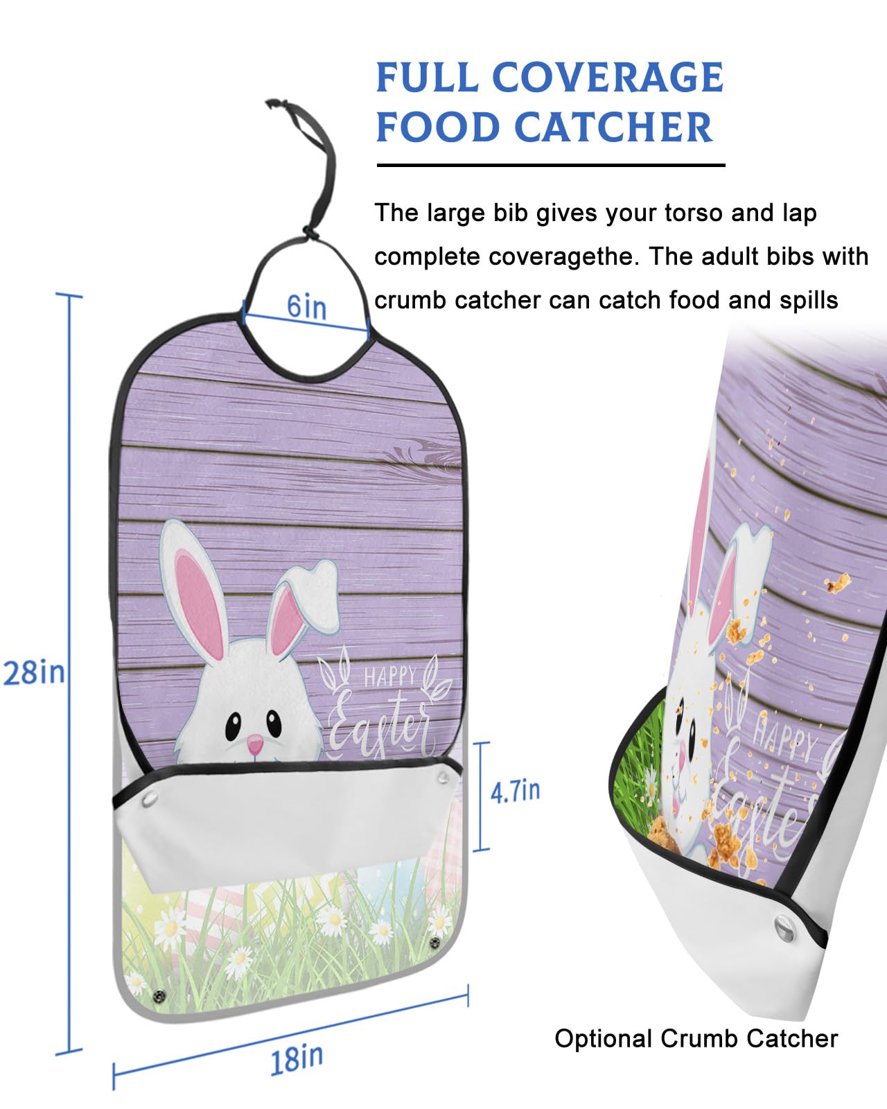 Purple Adult Bib for Eating with Crumb Catcher,Washable & Waterproof Terry Cloth Adjustable Elderly Women Men Bibs Funny Clothing Protector Easter Bunny Easter Eggs Rustic Rustic Wooden Green Plant