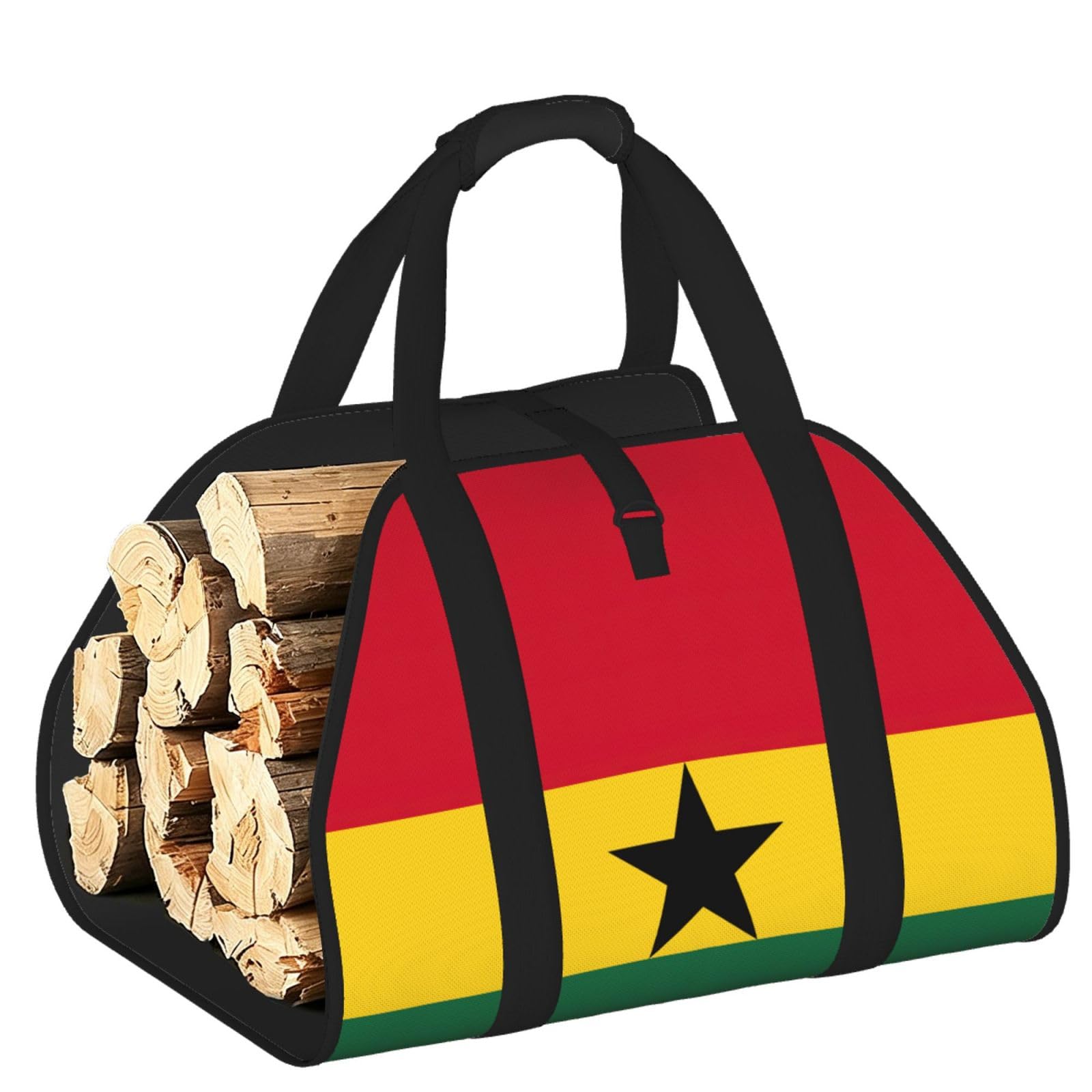Flag of Ghana Printed Firewood Log Carrier, Large Tote Bag with Reinforced Handles for Camping Fireplace Home