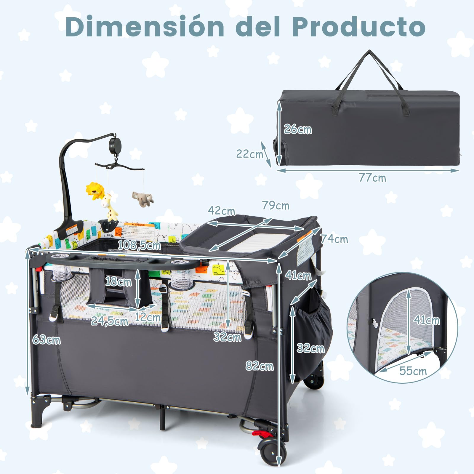 GOPLUS Cuna de Viaje Bebe 5 en 1 con Cambiador, Colchón, Juguetes Colgantes, Caja de Música, Altura Ajustable, Ruedas, Centro de Actividad, Cama Plegable para Bebé 0-3 Años, Carga 15 kg (Gris)