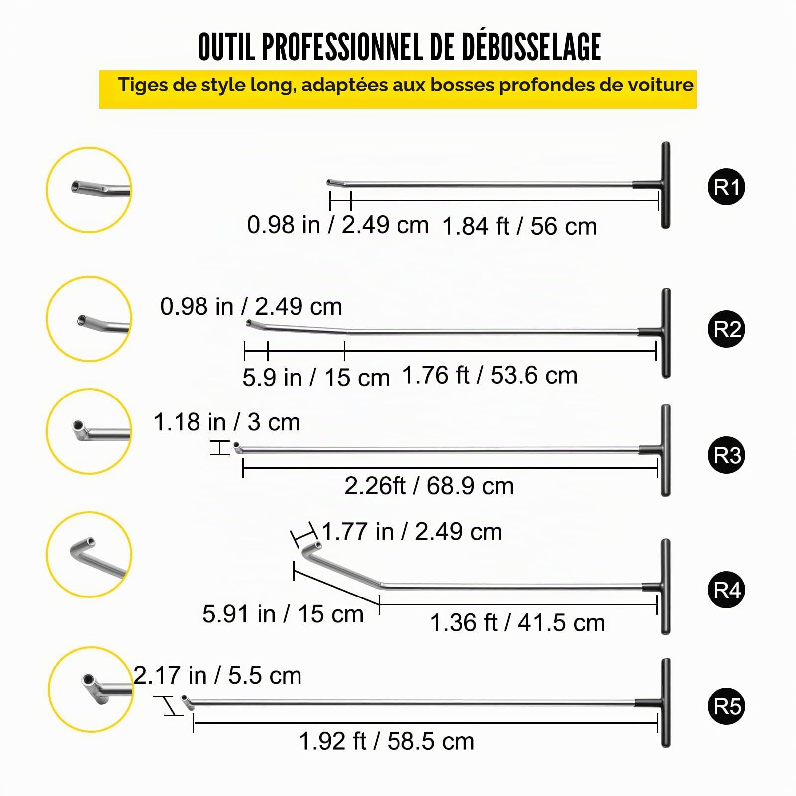 VEVOR Kit de débosselage de tiges - 13 Outils de réparation sans Peinture - 5 tiges de Bosses en Acier Inoxydable - 8 têtes de taraudage - Outil Professionnel de débosselage pour Bosses mineures,