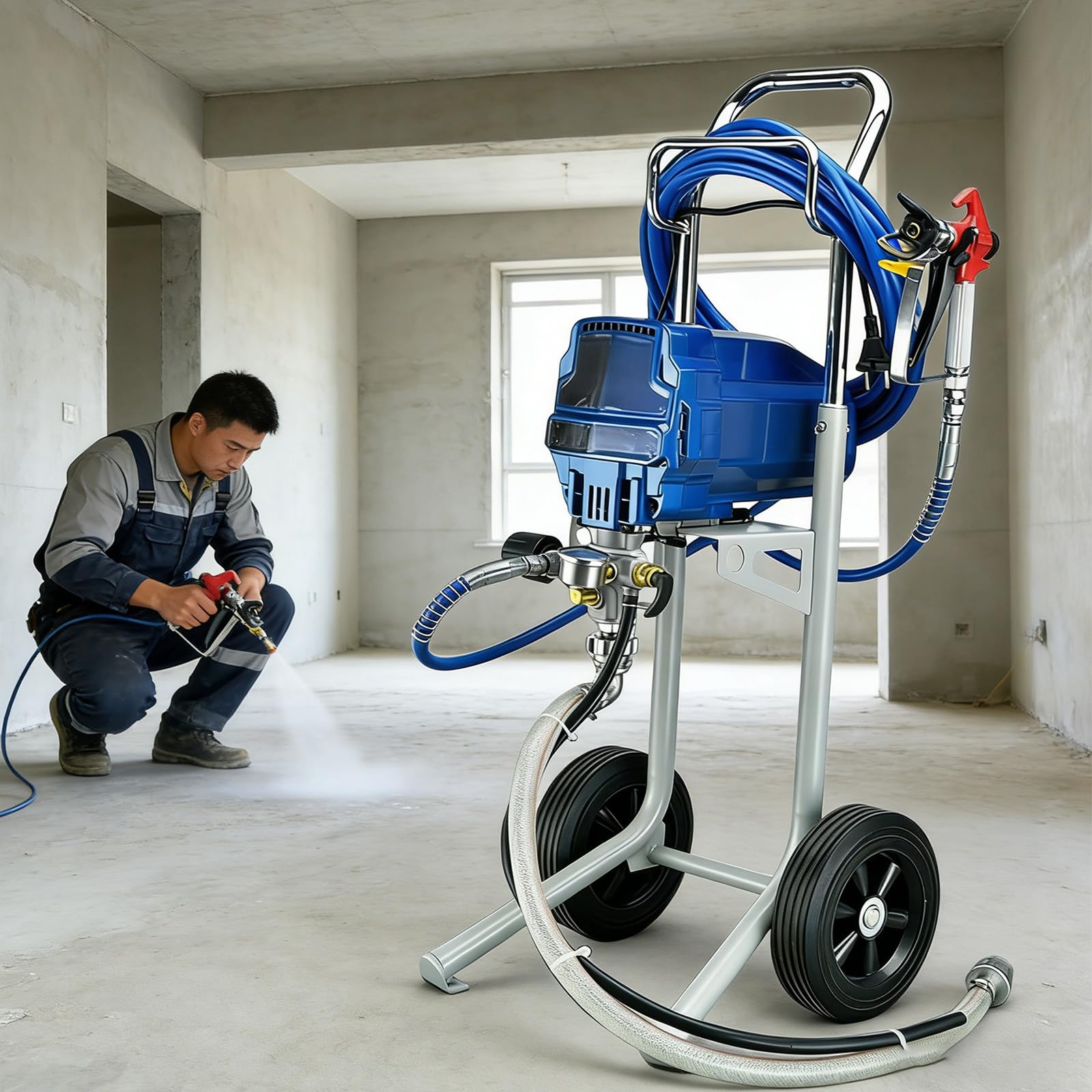 Bezpowietrzny Pistolet do Malowania Elektryczny 1800W 5m/200in Wąż 30cm/11.81in Przedłużka do Sufitów Elewacji Ogrodzeń
