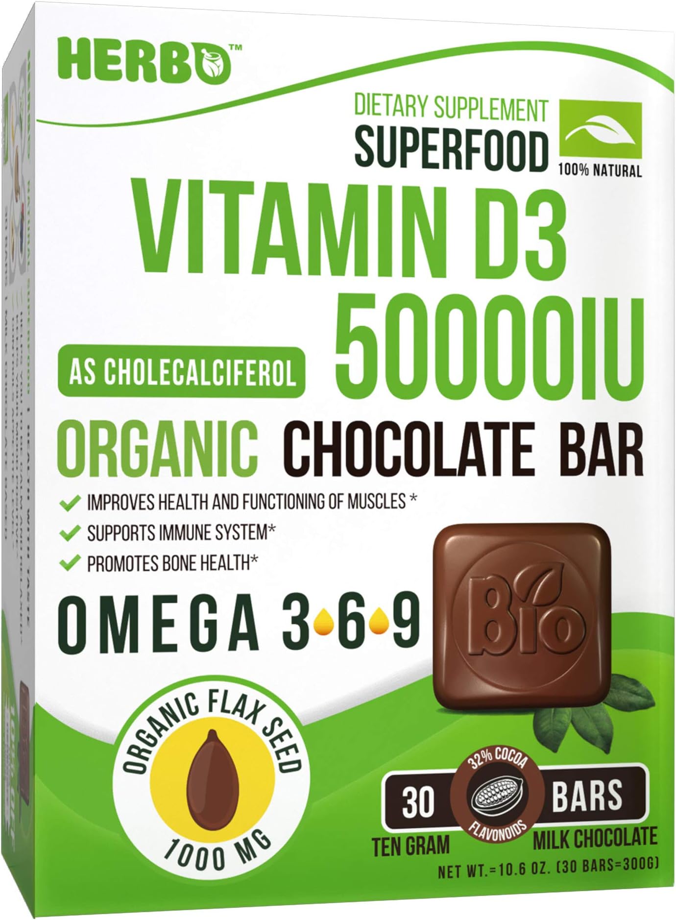 D3 Vitamin Cholecalciferol 50000 IU in Organic Milk Chocolate by Herbo Superfood - Healthy Bones, Muscle Teeth, Promotes Colon Health, Supports Immune System - 30 Omega-3 Enriched Bars, Non-GMO