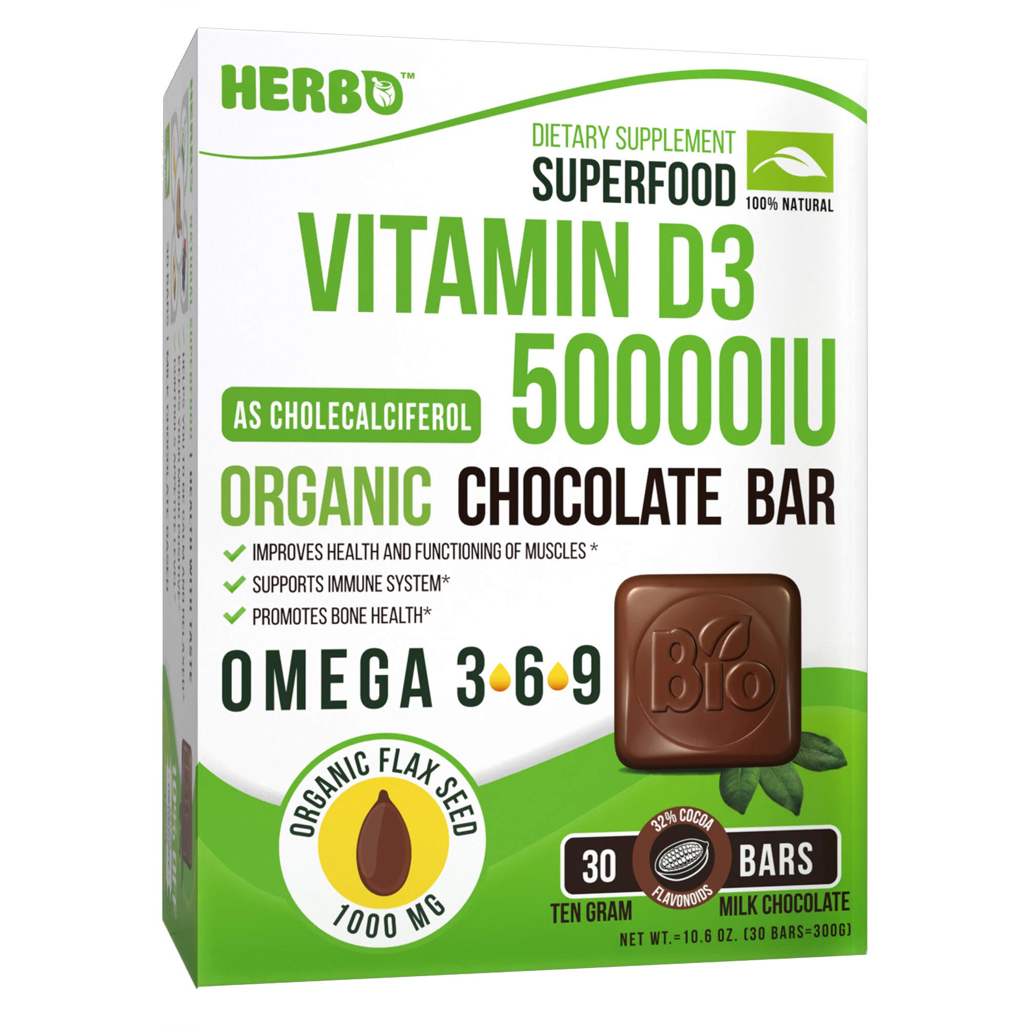 D3 Vitamin Cholecalciferol 50000 IU in Organic Milk Chocolate by Herbo Superfood - Healthy Bones, Muscle Teeth, Promotes Colon Health, Supports Immune System - 30 Omega-3 Enriched Bars, Non-GMO