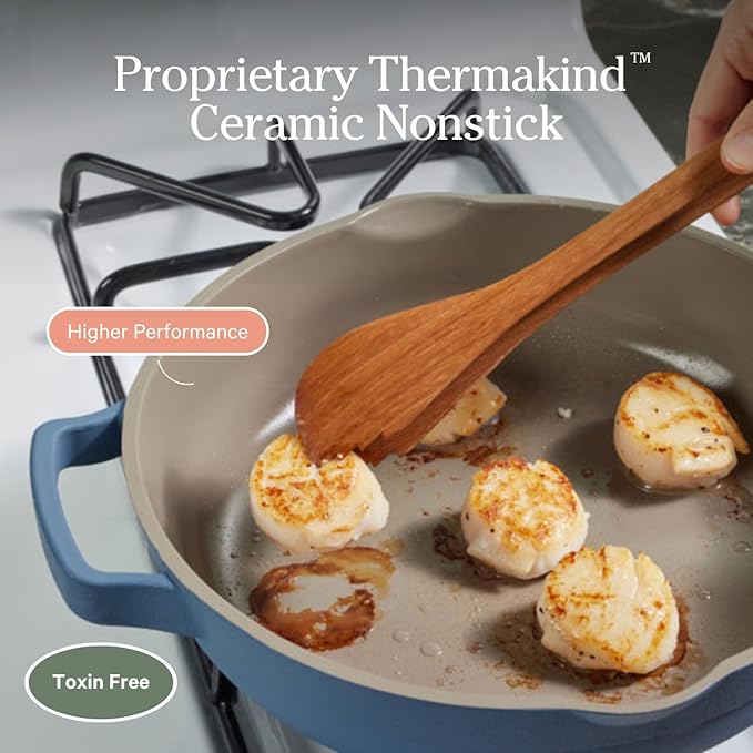 Exhibiting high functionality and durability, the Always Pan is constructed with a premium stainless-steel handle and aluminum body, compatible with all stovetops, including induction. It is heat-safe up to 230°C, unlocking an extended range of stovetop-to-oven recipes. Enjoy a modern aesthetic with its sleek design, available in six stunning colorways: charcoal, steam, blue salt, spice, sage, and lavender, adding a sophisticated touch to any kitchen decor.
