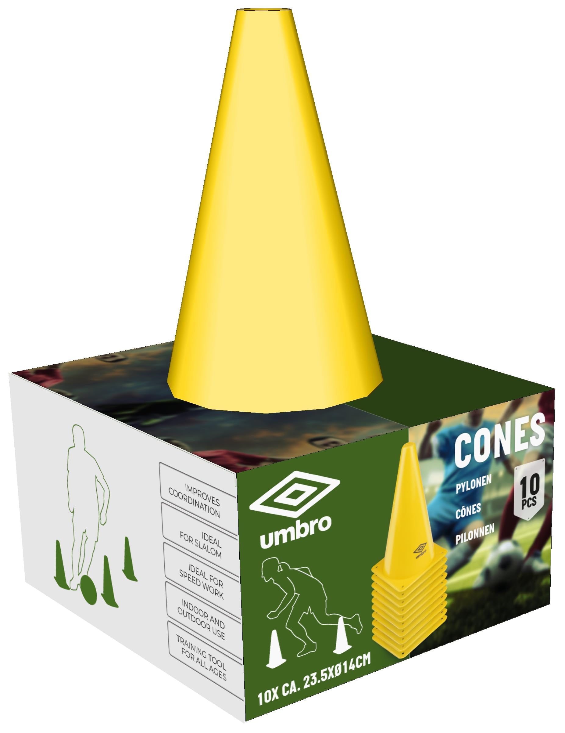 Umbro Pylonen 10 Stück - Fußball-Trainingsmaterial - Kegel - Schnelligkeit und Beweglichkeit Trainieren - Gelb