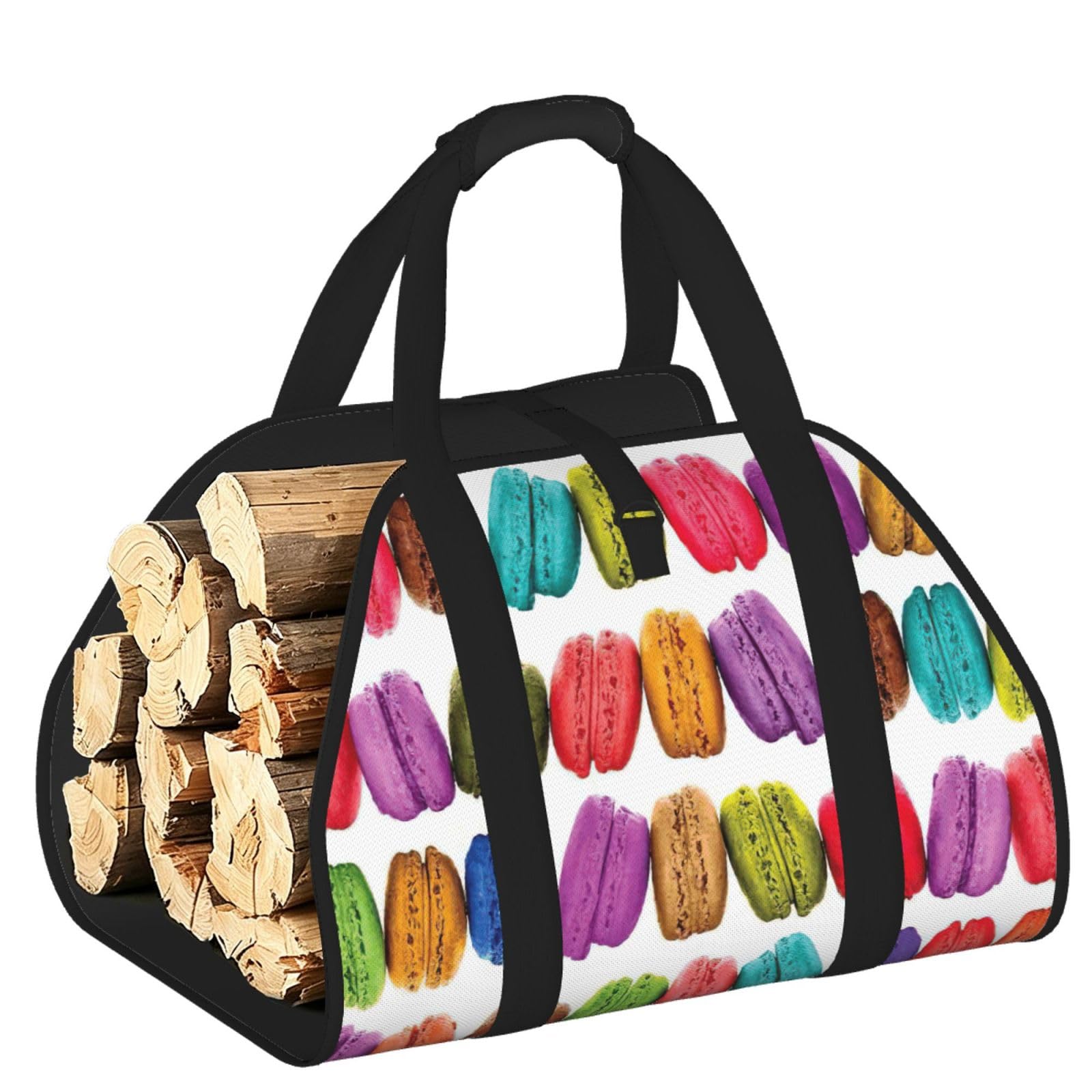 Macaron Biscuit Flavored Pastries Printed Firewood Carrier Bag, Log Tote with Open-Ended Design for Camping Outdoor Wood Hauling