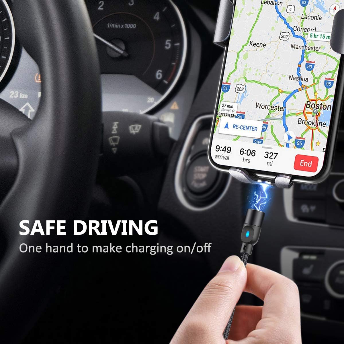 Image showing a hand connecting the A.S magnetic charging cable to a smartphone mounted in a car, demonstrating easy one-handed operation for charging.