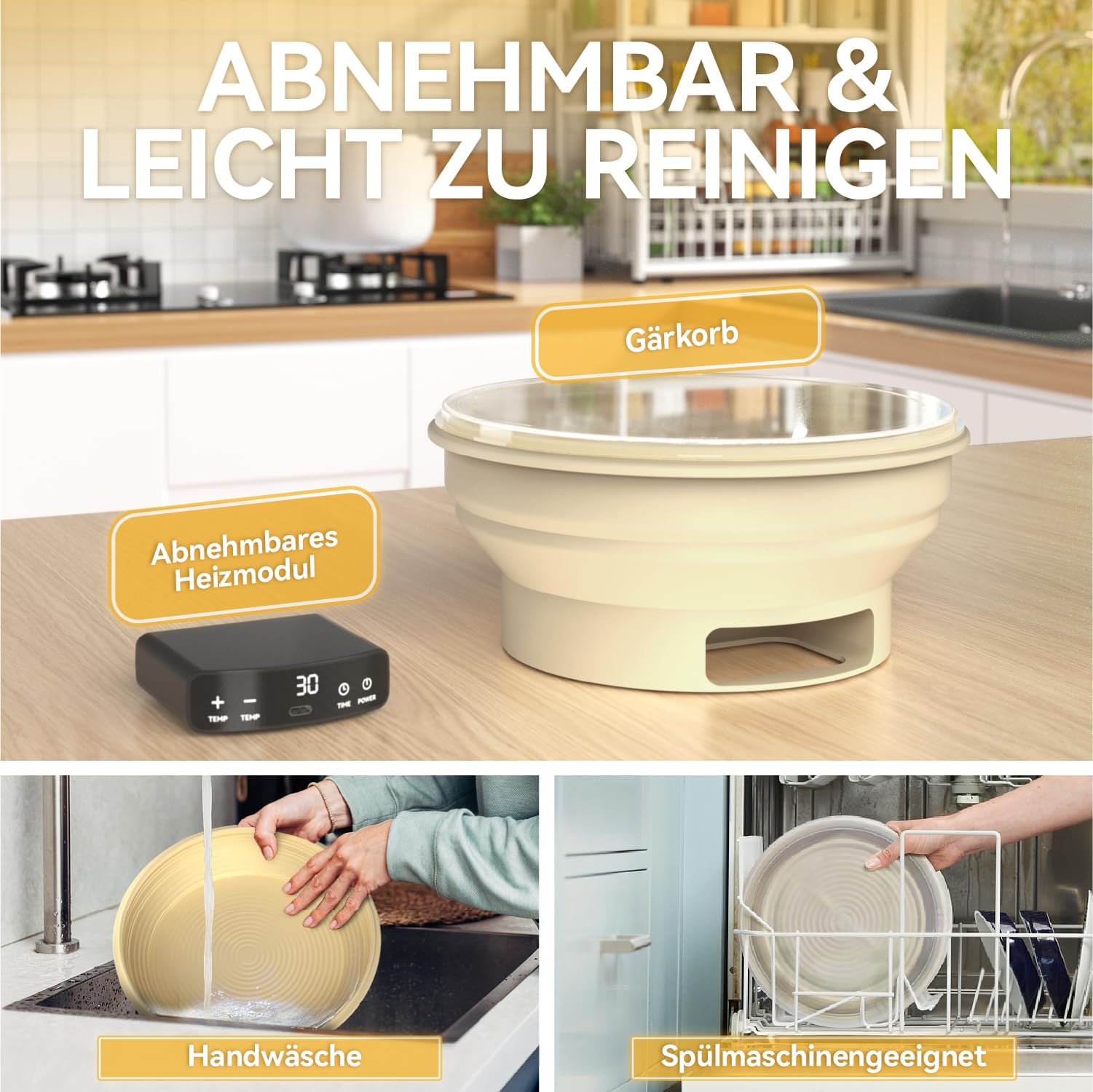 MOWETOO Gärkörbchen mit Heizfunktion und Timer – Rundes Silikon Gärkorb 23cm Brot Backen Zubehör für Sauerteig inkl. Teigschneebesen Teigteiler Silikonpinsel Brotrasierer