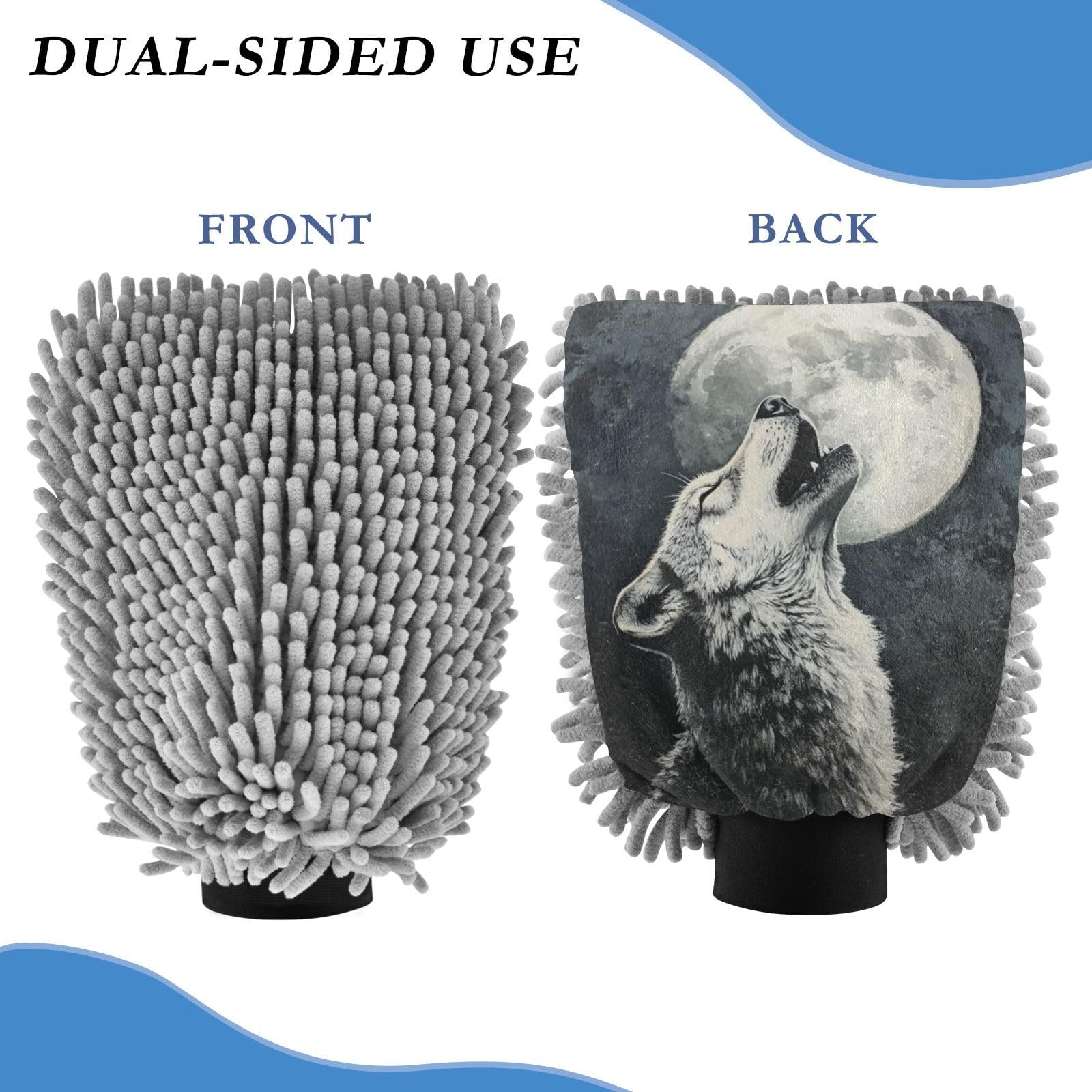 ALAZA Wolf Howling Moon Car Wash Mitt Scratch Free, 2 Pack Absorbent Microfiber/Chenille Washing & Drying Mitts, M