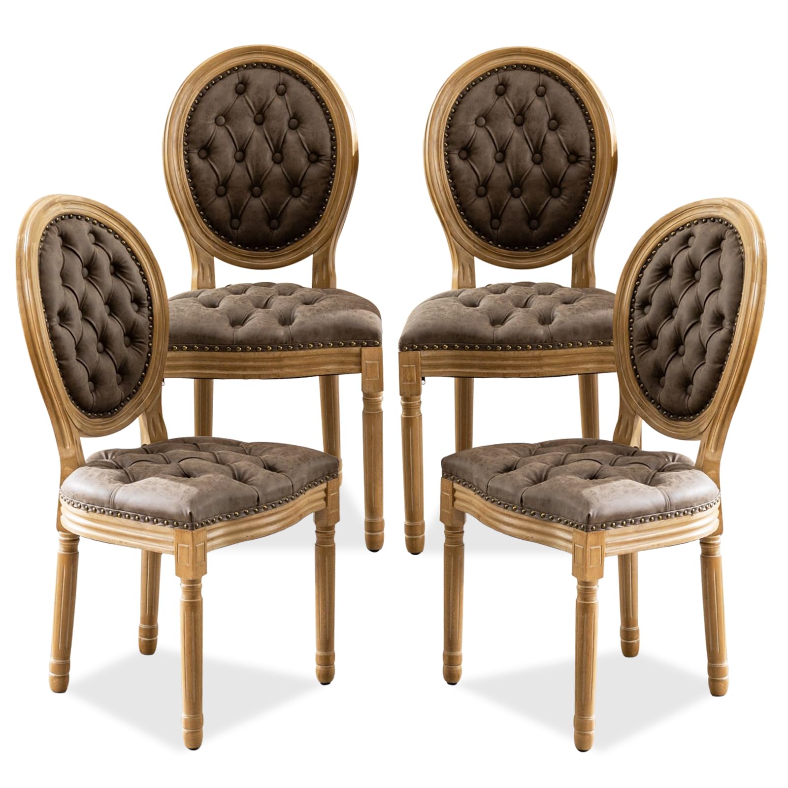 SoarFlash French Dining Chairs Set of 4, Vantage Dining Chair with Round Back, Farmhouse Country PU Leather Dining Chair for Kitchen,Bedroom,Brown