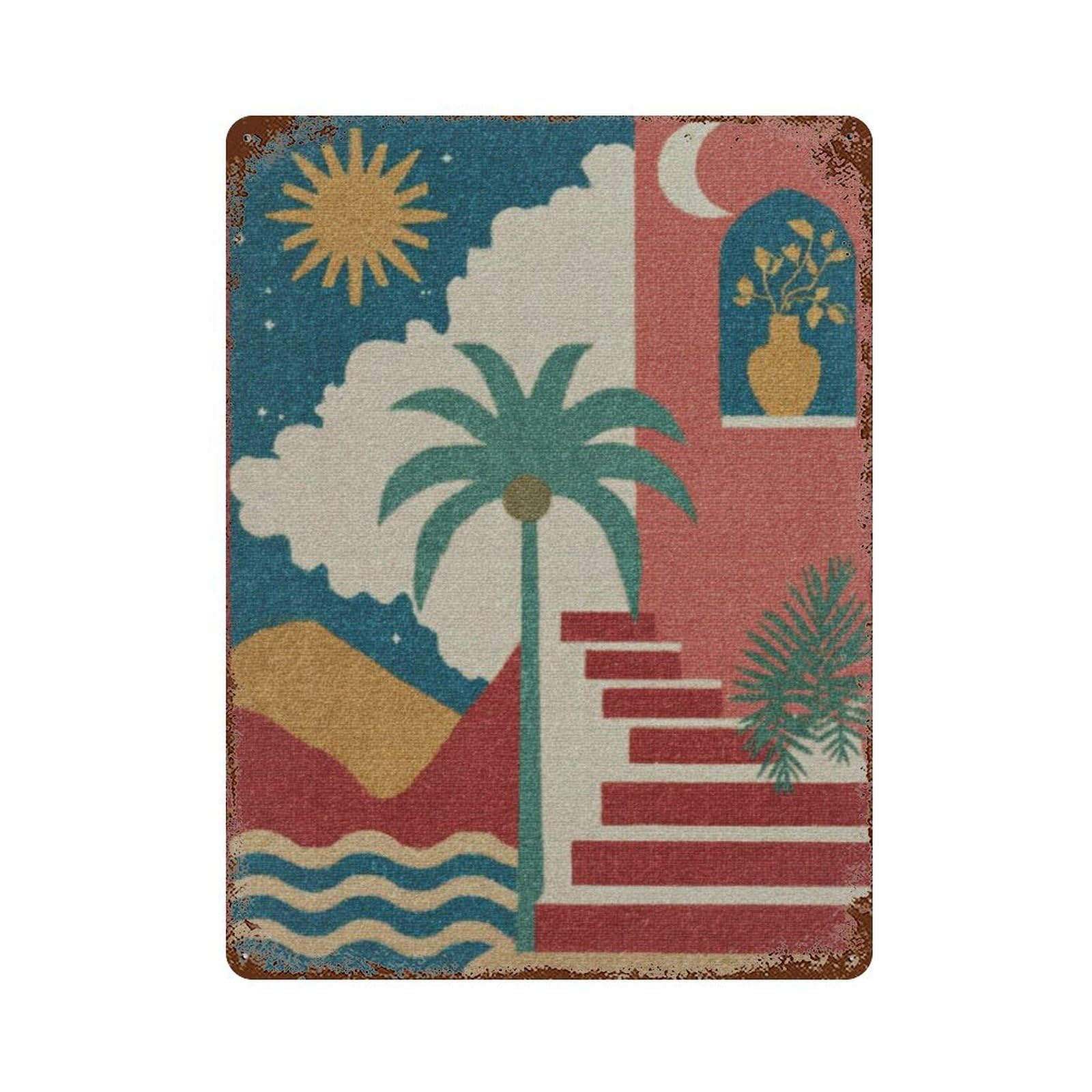 xiaoxiaoshen Mediterranean Geometric Retro Palm Tree And Stairs Modern Boho Colorful Abstract Wall Decor Art Metal Tin Poster Modern Home Decor Art Home Bar Shop Decorations Vintage Sign 40x30cm