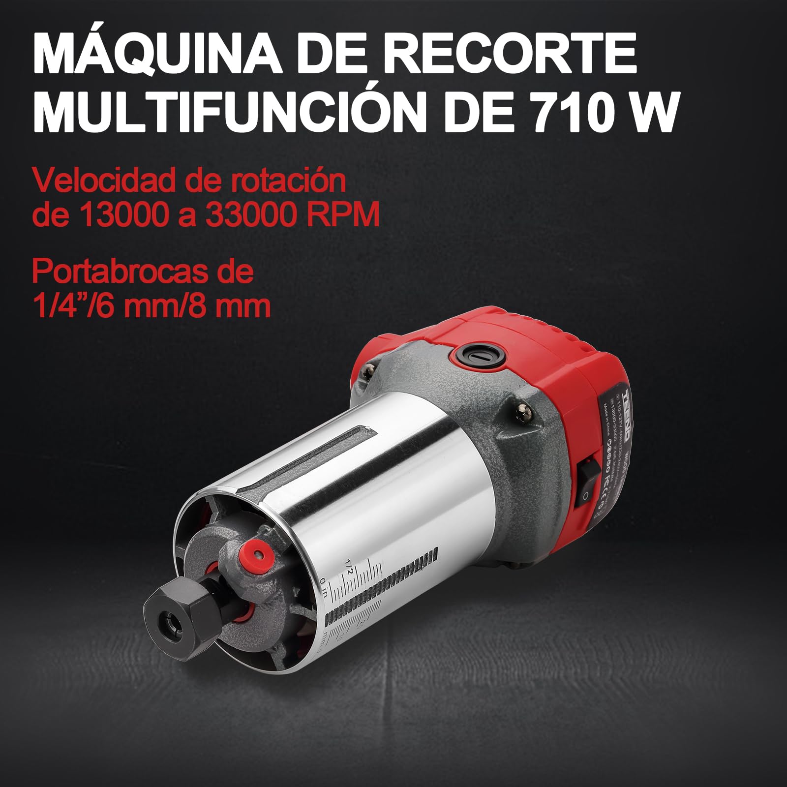 TEENO Fresadora De Madera Rebajadora Eléctrica 800W 13000-33000 RPM CON EXTRACTOR DE POLVO,5 piezas 1/4'' Alicates, 6 Velocidades Variables, Pinza De Base Fija De 6/6.35/8MM,Con Bolsa de lona