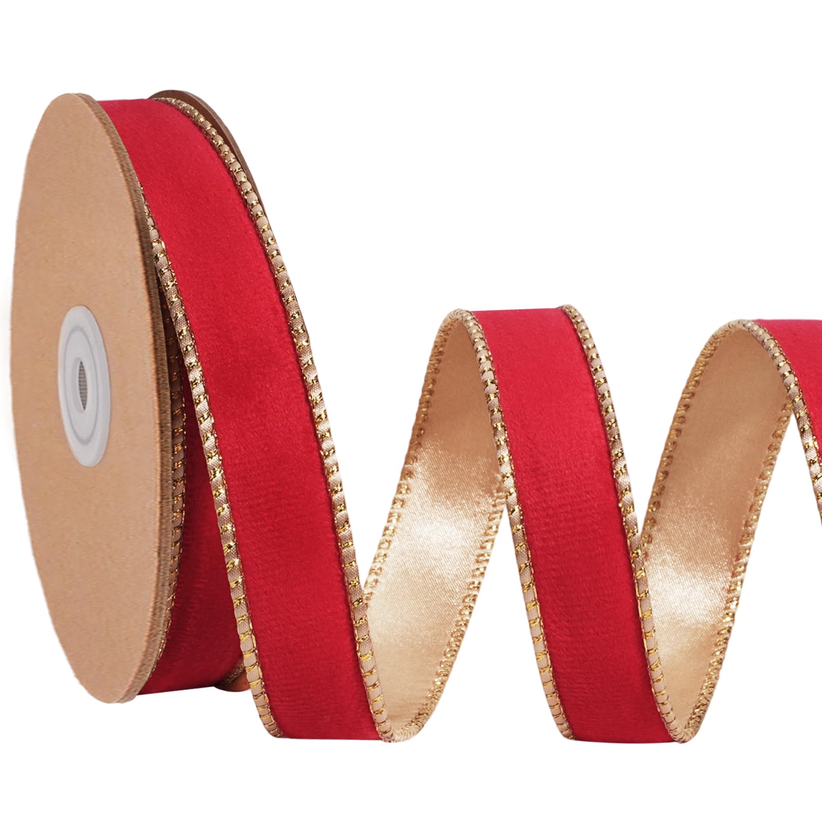 LaRibbons Red Velvet Wired Ribbon, Gold Edge, Gold Satin Back, 1 Inch