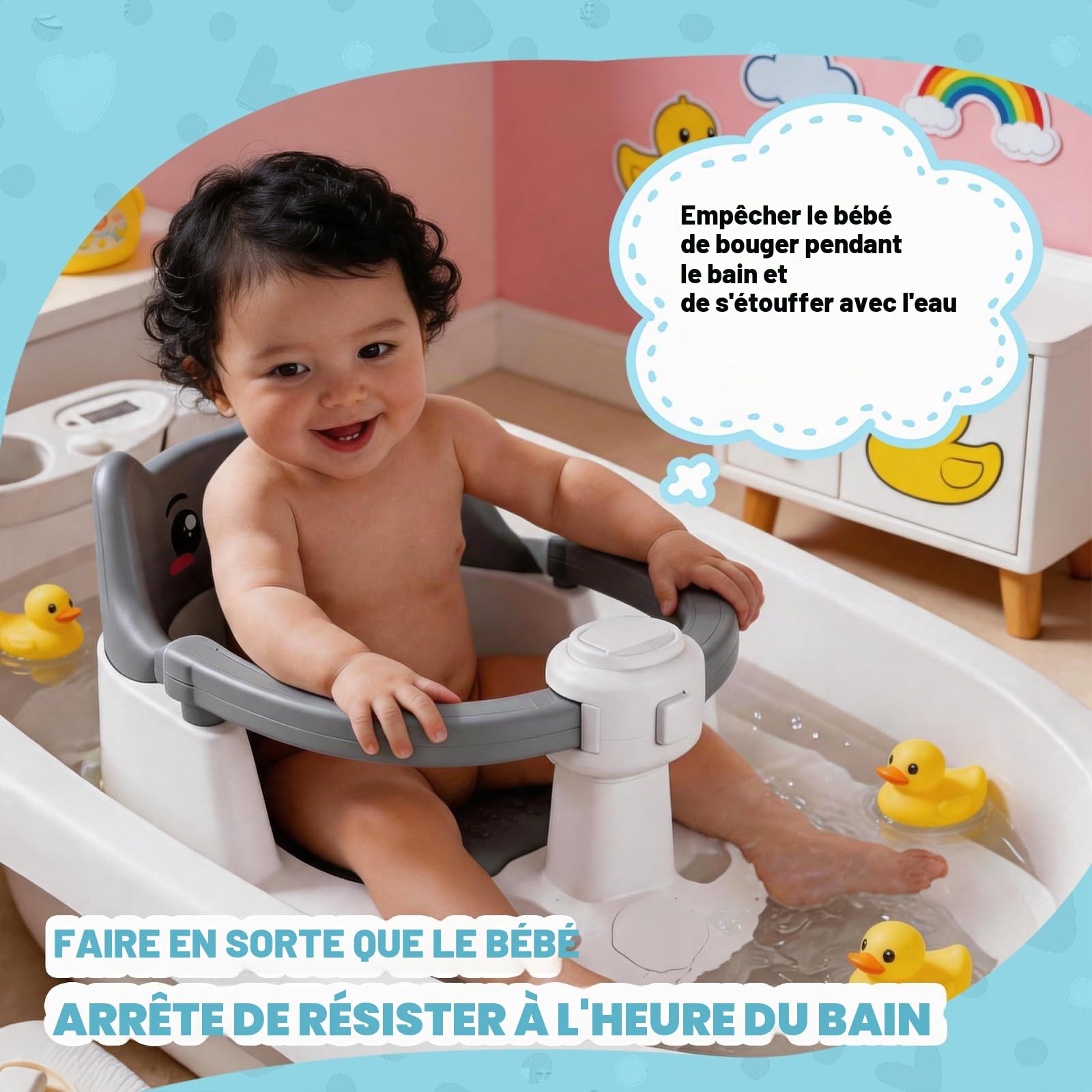 Siège de bain pour bébé dès 6 mois, siège antidérapant avec ventouses, accoudoirs ajustables, siège sécurisé pour baignoire et douche, libère les mains des parents