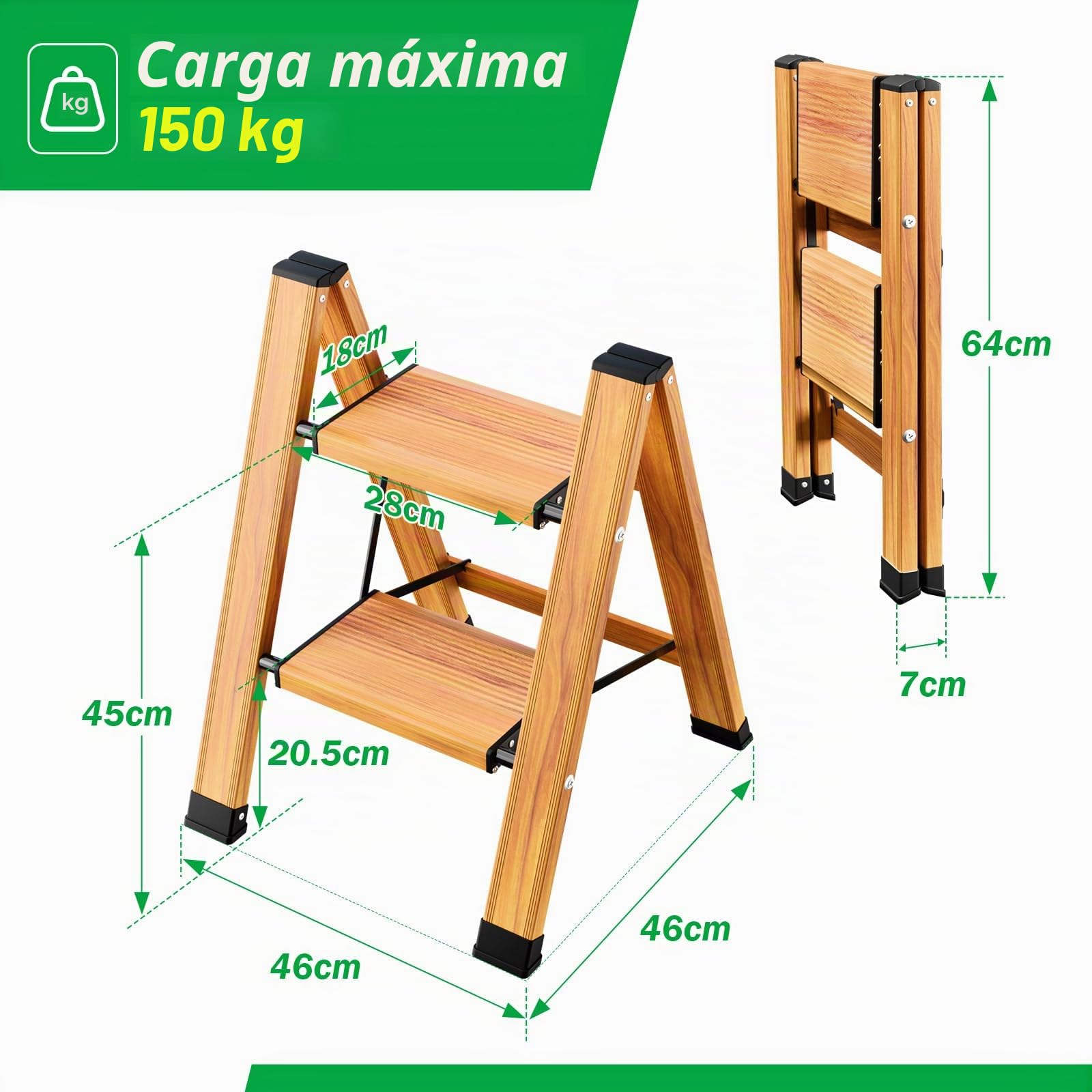Escalera plegable de aluminio de 2 peldaños, antideslizante, escalera multifunción portátil con diseño de vetas de madera, soporta hasta 150 kg para cocina, baño y camping