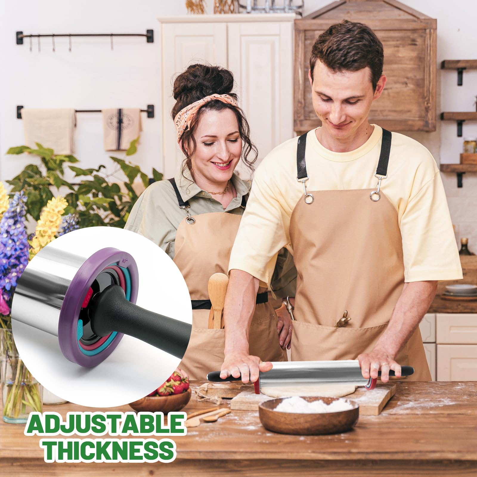Nudelholz und Gebäck-Backmatten-Set, Nudelholz zum Backen, verstellbares Nudelholz mit dicken Ringen, Edelstahl-Rollholz zum Backen von Teig, Pizza, Kuchen, Gebäck, Nudeln (rote Matte)