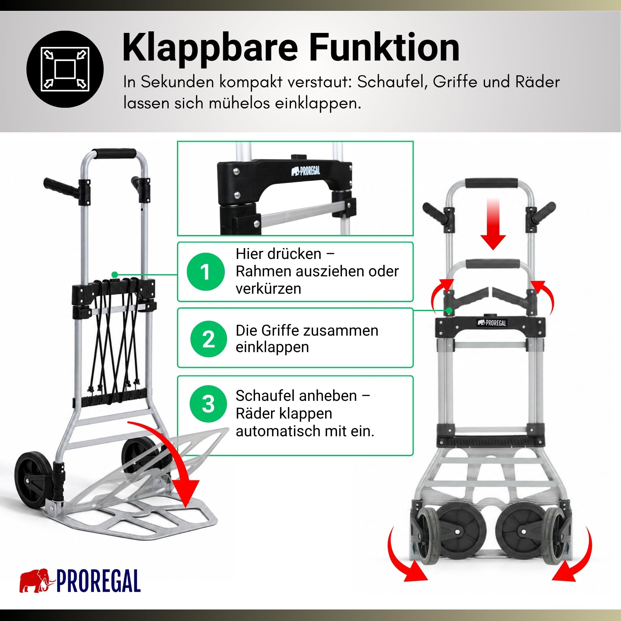 PROREGAL klappbare Aluminium Profi-Sackkarre Elephant | Traglast 150 kg | 6 kg leicht, ergonomische Griffe, Leichtlauf-Vollgummiräder, große Schaufel | Silber | Transportkarre