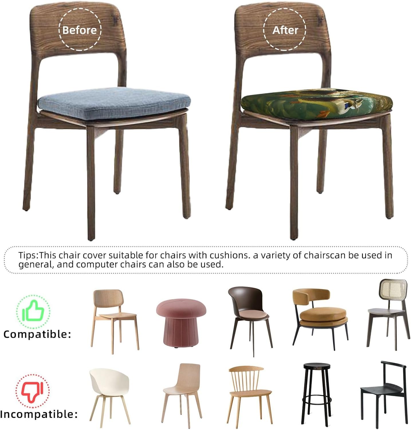 Duck Swimming Underwater Print Square Cushion Covers 6 Pcs Set Elastic Non-Slip Seat Cushion Slipcovers Pet Furniture Protectors for Chair, Sofa