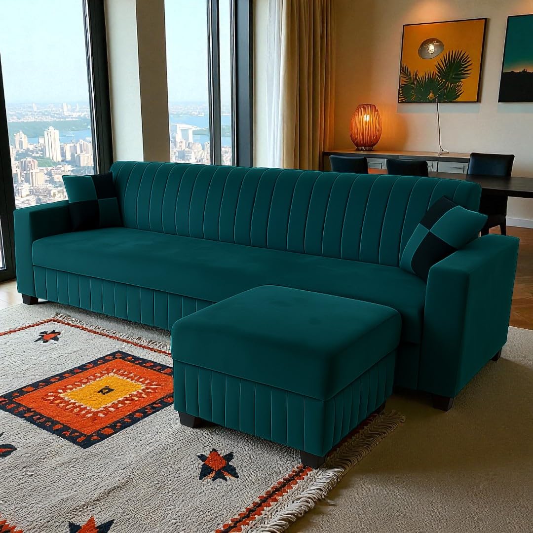 FURNY Gracina 4 Seater Modular Fabric Sofa Set with Ottoman (Greenish Teal) | Premium Velvet Finish | Comfortable & Ideal for Living Room FURNY Gracina 4 Seater Modular Fabric Sofa Set with Ottoman (Greenish Teal) | Premium Velvet Finish | Comfortable & Ideal for Living Room