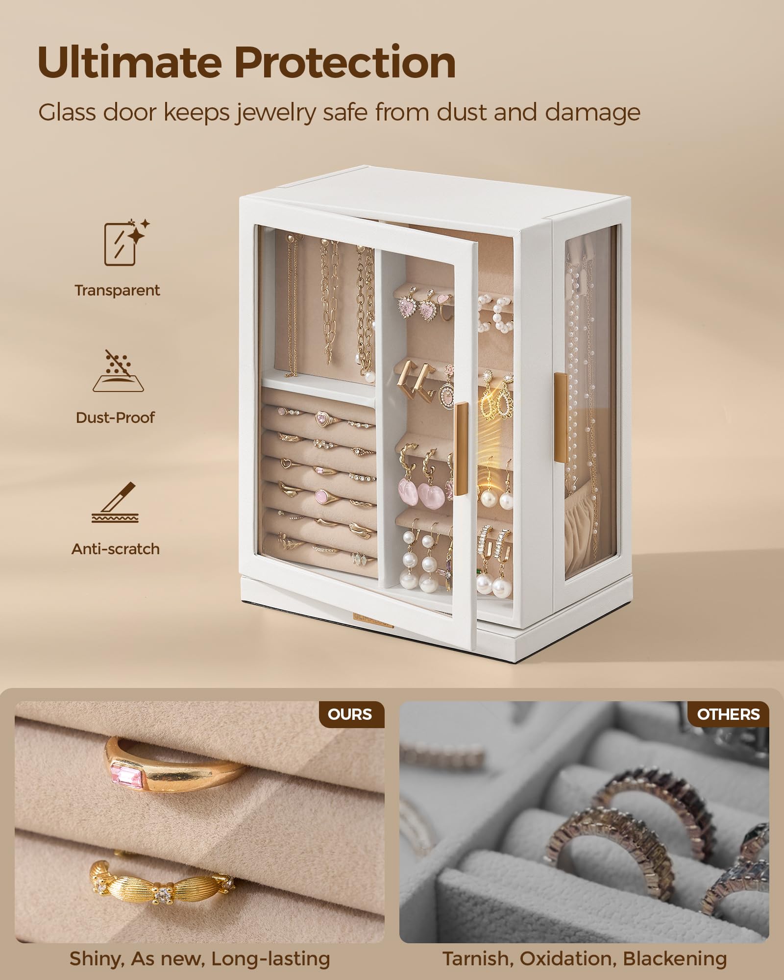 360° Rotating Jewelry Box with 5 Drawers, Spacious Vertical Jewelry Organizer with Glass Window, Jewelry Storage Case, Dustproof & Moisture-resistant Design, White
