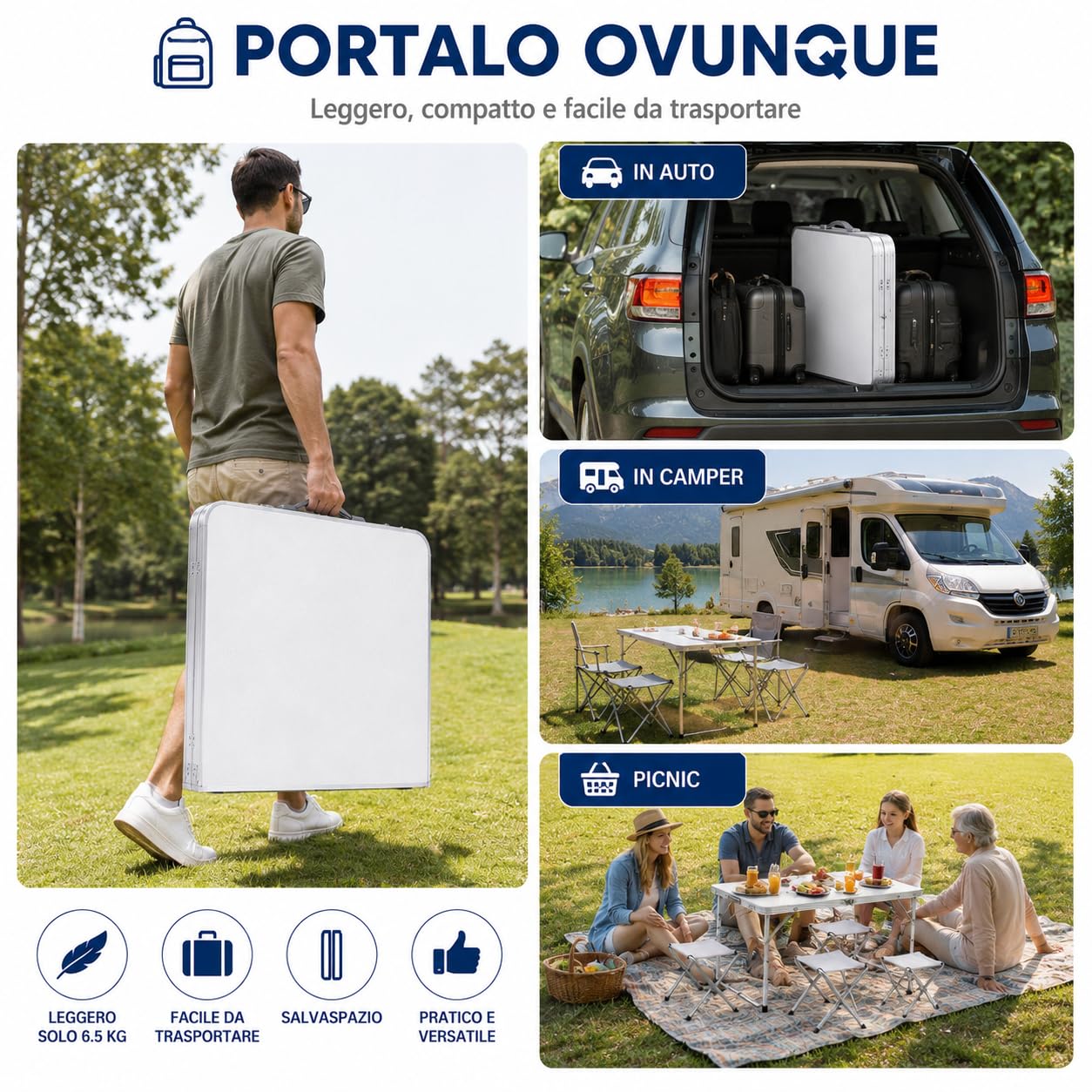 Generico Tavolo Pieghevole da Campeggio con 4 Sgabelli Inclusi, Tavolo Picnic Portatile Richiudibile con Altezza Regolabile 55/62/70 cm, Tavolo da Giardino Campeggio Pesca BBQ Escursioni 120x60 cm