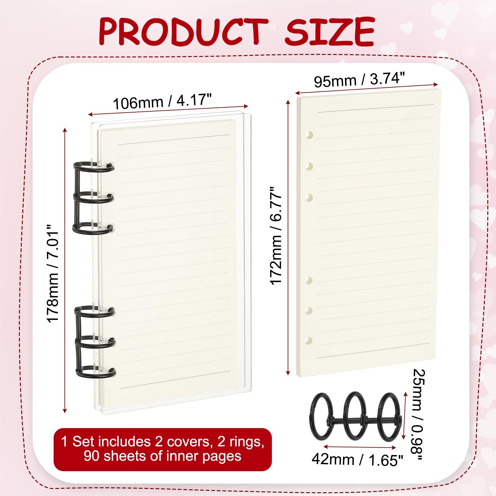 PATIKIL 6 Ring Binder Notebook Cover, A6 Acrylic Binder Notebook 2 Black Metal Round Rings with 90 Sheets Lined Inner Papers for Travel Office Planner Budget, Clear - Image 2