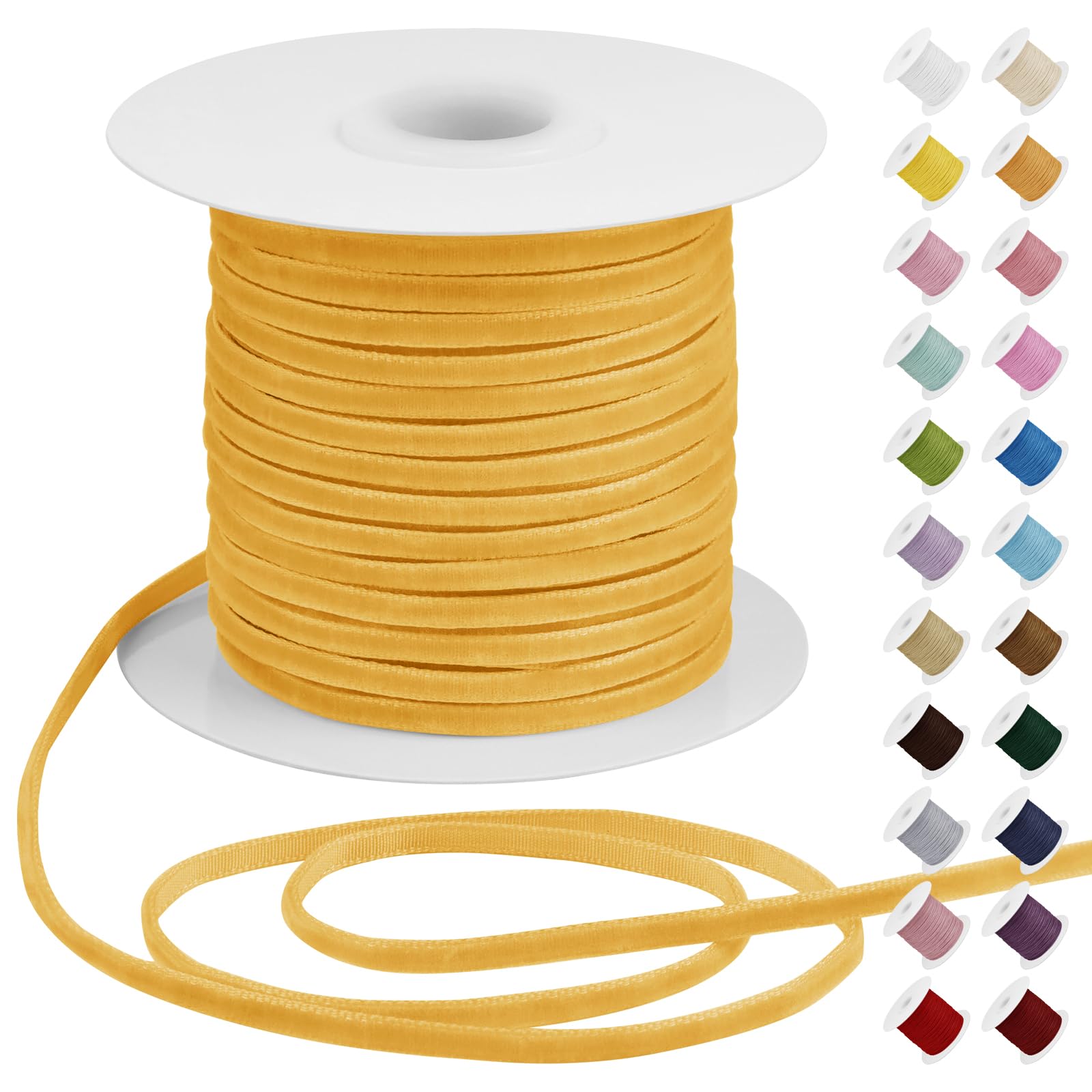 Uiopa Thin Velvet Ribbon 3mm x 45m Single Face Vintage Velvet Yellow Ribbon for Gift Wrapping, Flower Bouquets, Invitations, Ornaments, Home Decor, DIY Crafts
