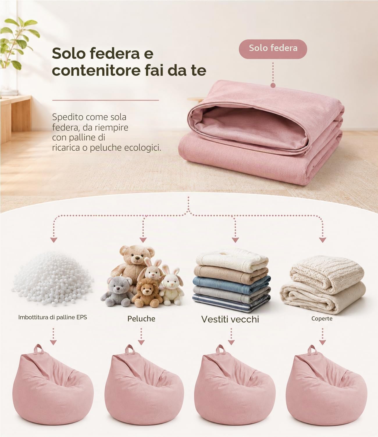 Highdi Poltrona Sacco Adulti 100 x 120 cm - Senza Imbottitura, Cotone e Lino Pouf Sacco Gigante, Rosa Bean Bag Chair per Soggiorno/Camera/Gaming