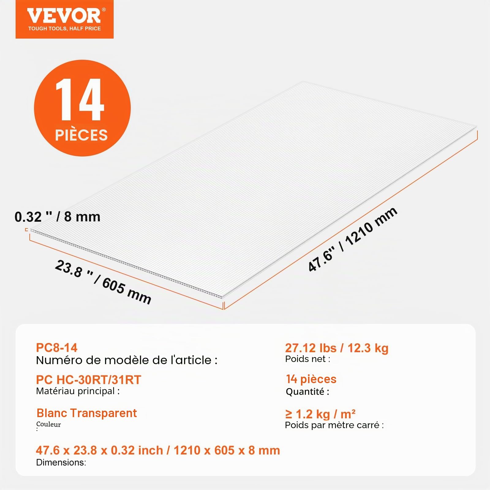 VEVOR Plaque en Polycarbonate, 1210x605x8 mm, Panneaux de Toit en Feuilles, Lot de 14, Toiture Plastique Ondulé Imperméable, Protection Contre UV, Transparent, Résistant aux Chocs, pour Serre, Jardin