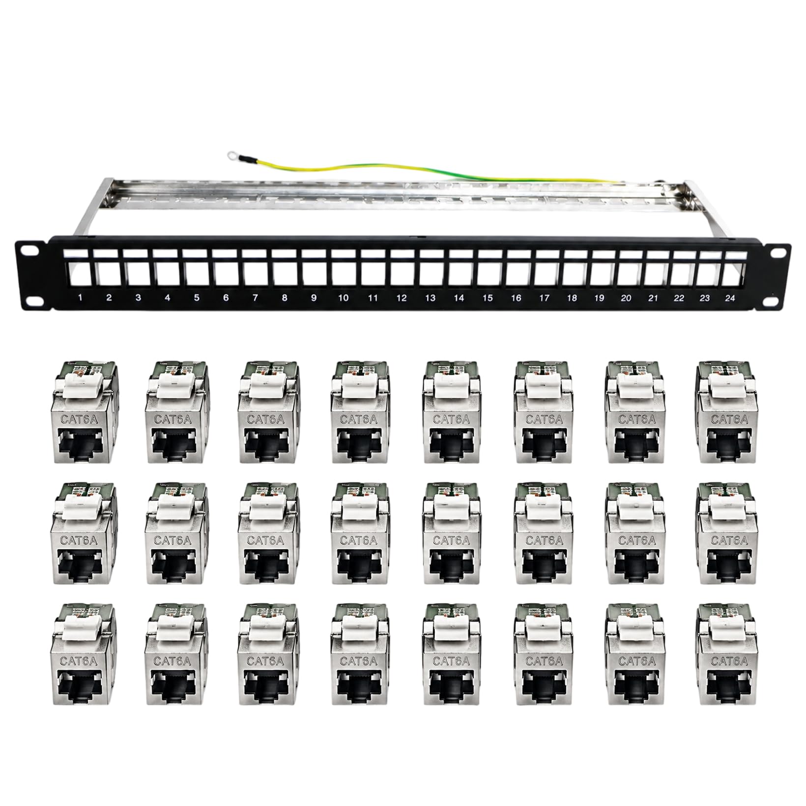 24-portowy panel krosowy 19-calowy, ekranowany panel krosowy z modułami Keystone, CAT 7 Keystone łącznik RJ45, panel 1U do wnęki sieciowej