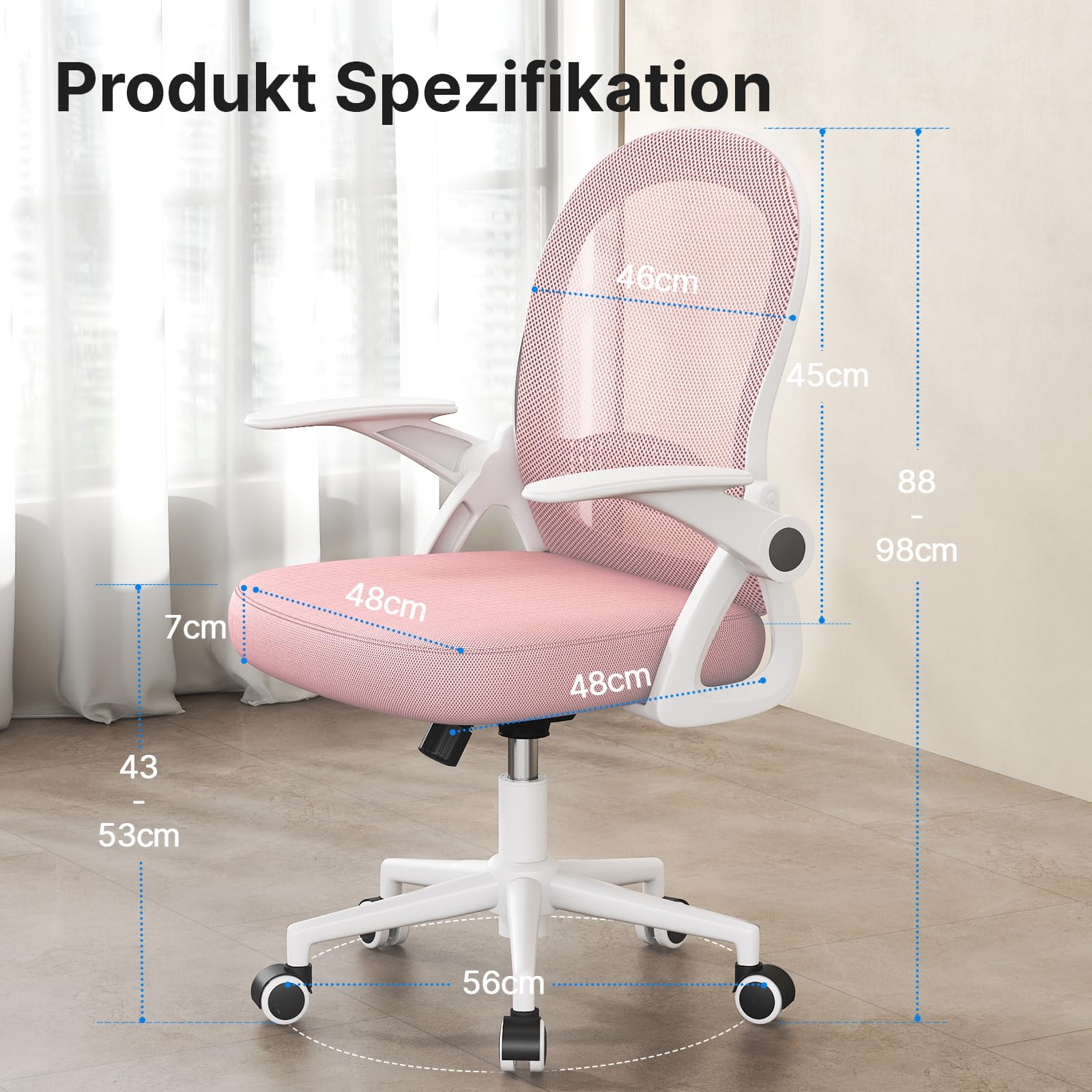 naspaluro Bürostuhl, Ergonomischer Schreibtischstuhl mit Atmungsaktiv Netzbespannung, Hochklappbare Armlehnen, Höhenverstellbarer, Computerstuhl, Leichter Stuhl, 360° Drehstuhl, Rosa