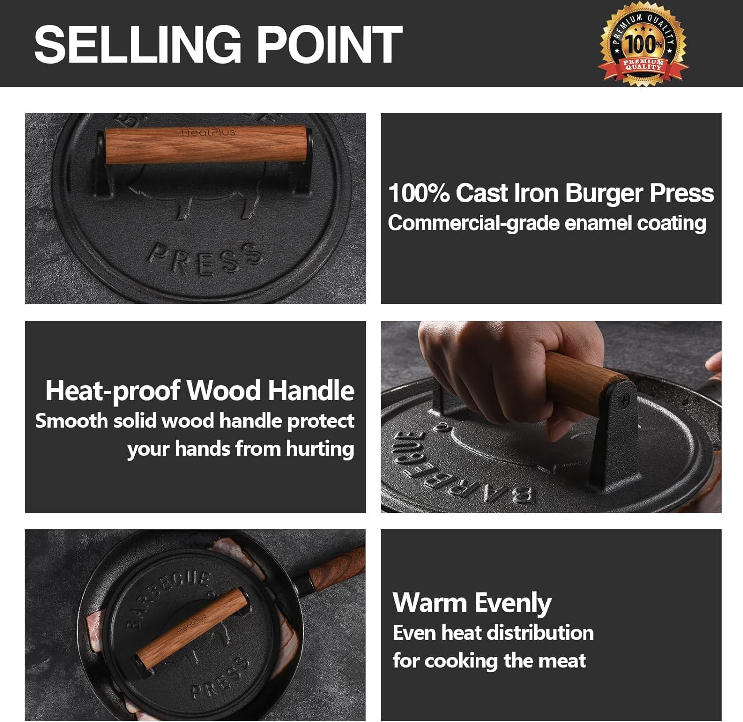 Hamburgerpresse, Steakpresse, Schweinekotelett, 17 cm, mit Holzgriff, schwere Presse, rund, für Hamburger, Panini, Steaks und Sandwiches, lebensmittelecht