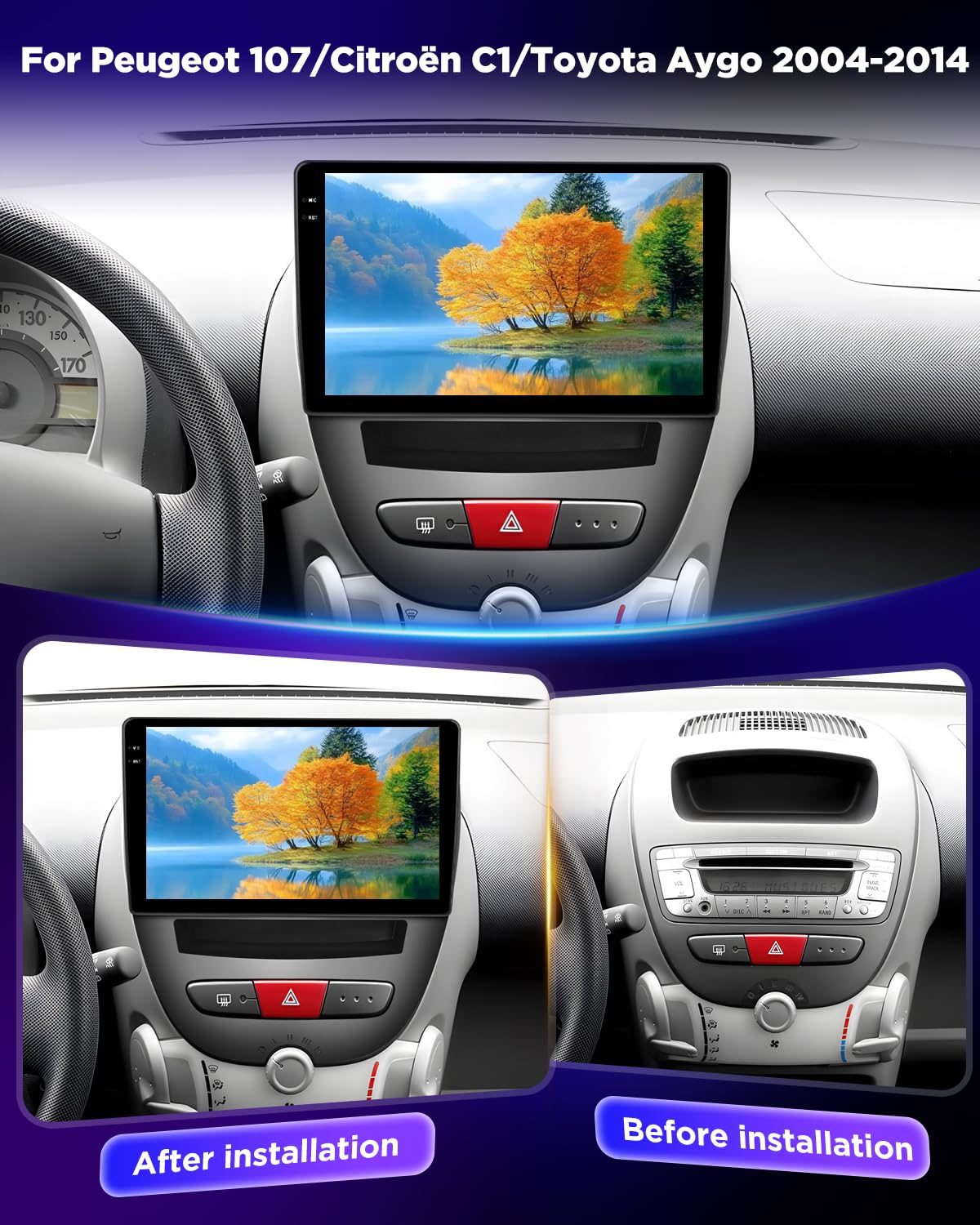 NHOPEEW 4+128G Autoradio per Peugeot 107 / Citroen C1 / Toyota Aygo 2004-2014 con Carplay Android Auto - Schermo incell da 10 pollici Supporto WiFi GPS Comandi al volante + Telecamera di retromarcia
