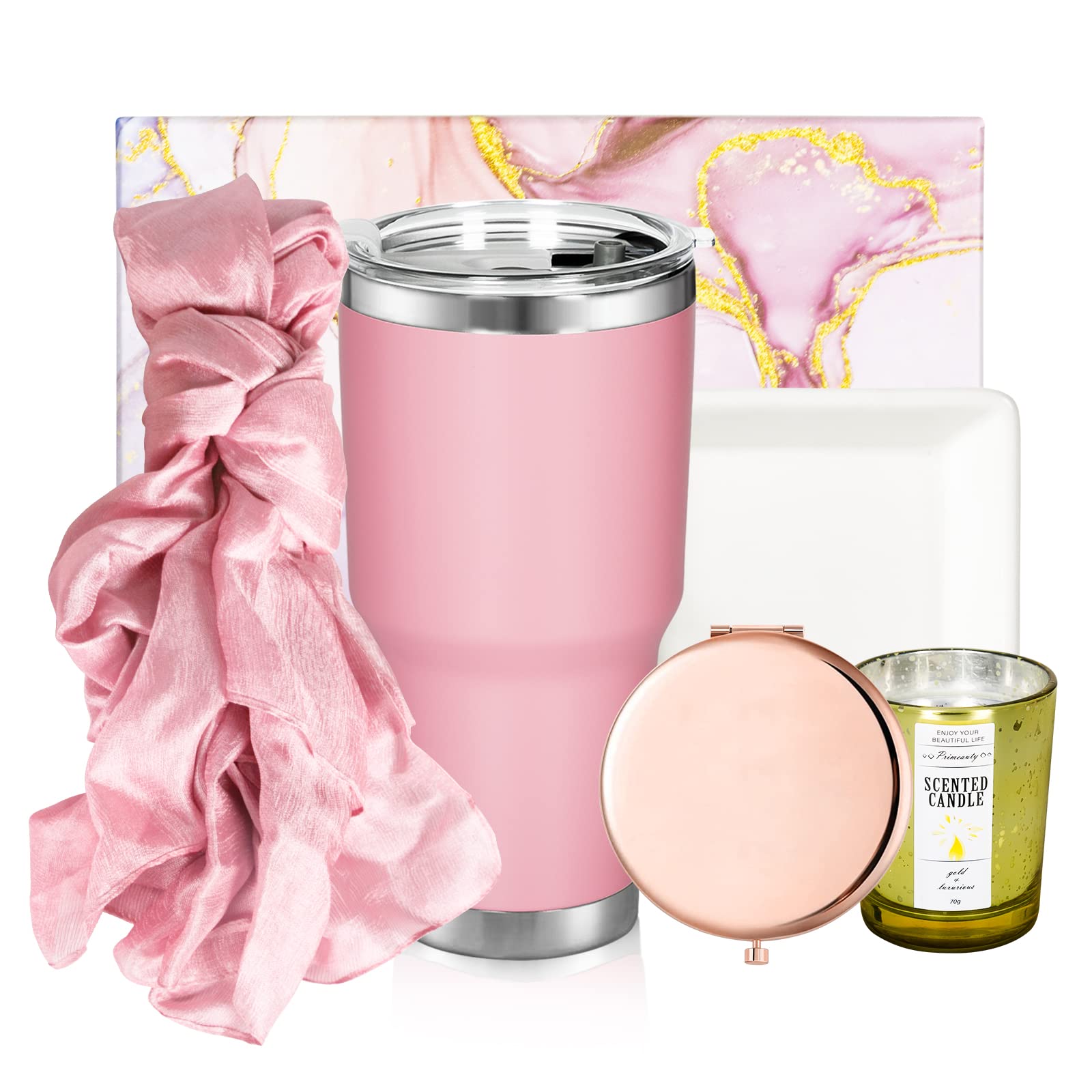 Cofanetto regalo compleanno donna confezione regalo compleanno specchio trucco piatto gioielli tazza acqua auto candela profumata e sciarpa di seta per donna, madre, sorella