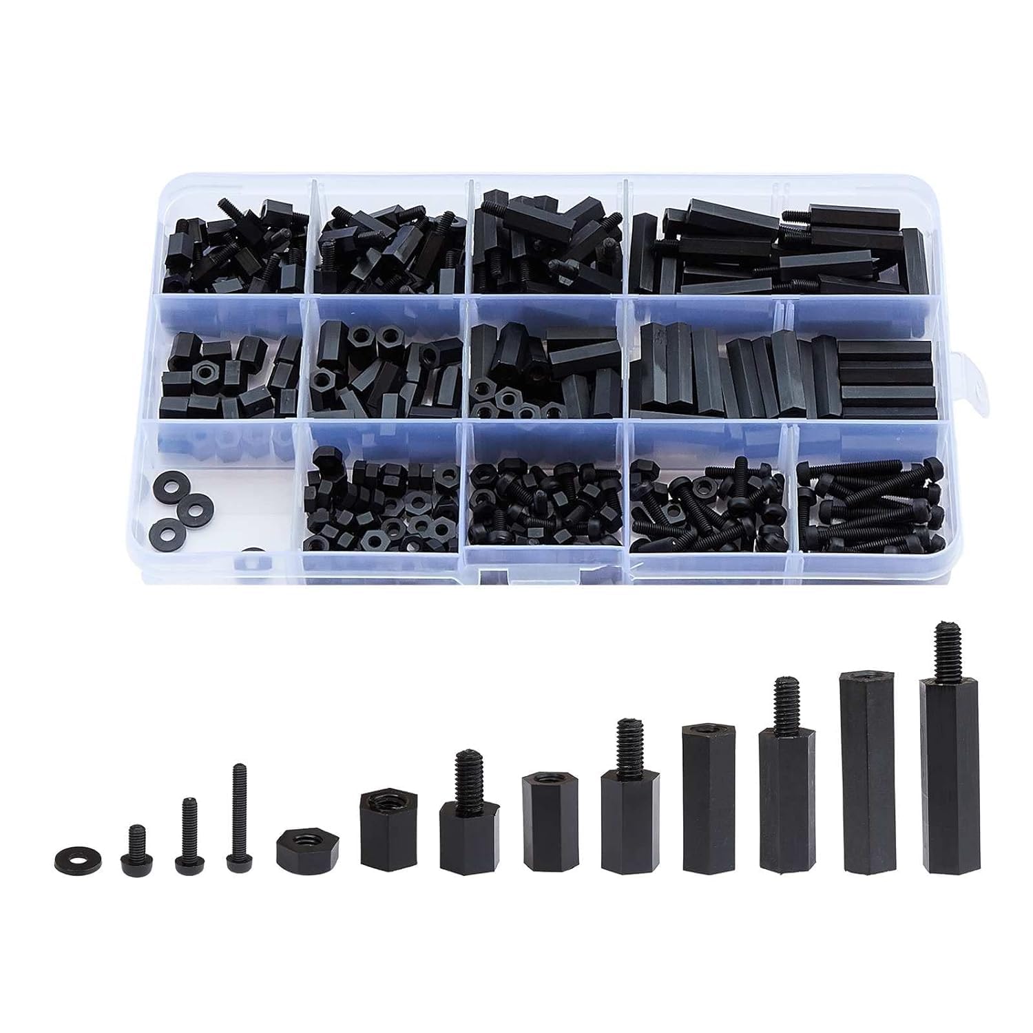 IDUINO 320PCS M3 Male Female Nylon Hex Spacer Standoff Screw Nut Threaded Pillar PCB Motherboard Assorted Assortment Kit (Black)