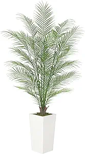 5FT Fake Palm Tree Faux Areca Palm Plants with 32 Full Lifelike Palm Leaves Realistic Trunks Fake Tropical Palm Tree for Indoor Home Office Outdoor Yard Décor with Tall Trapezoidal Prism White Pot