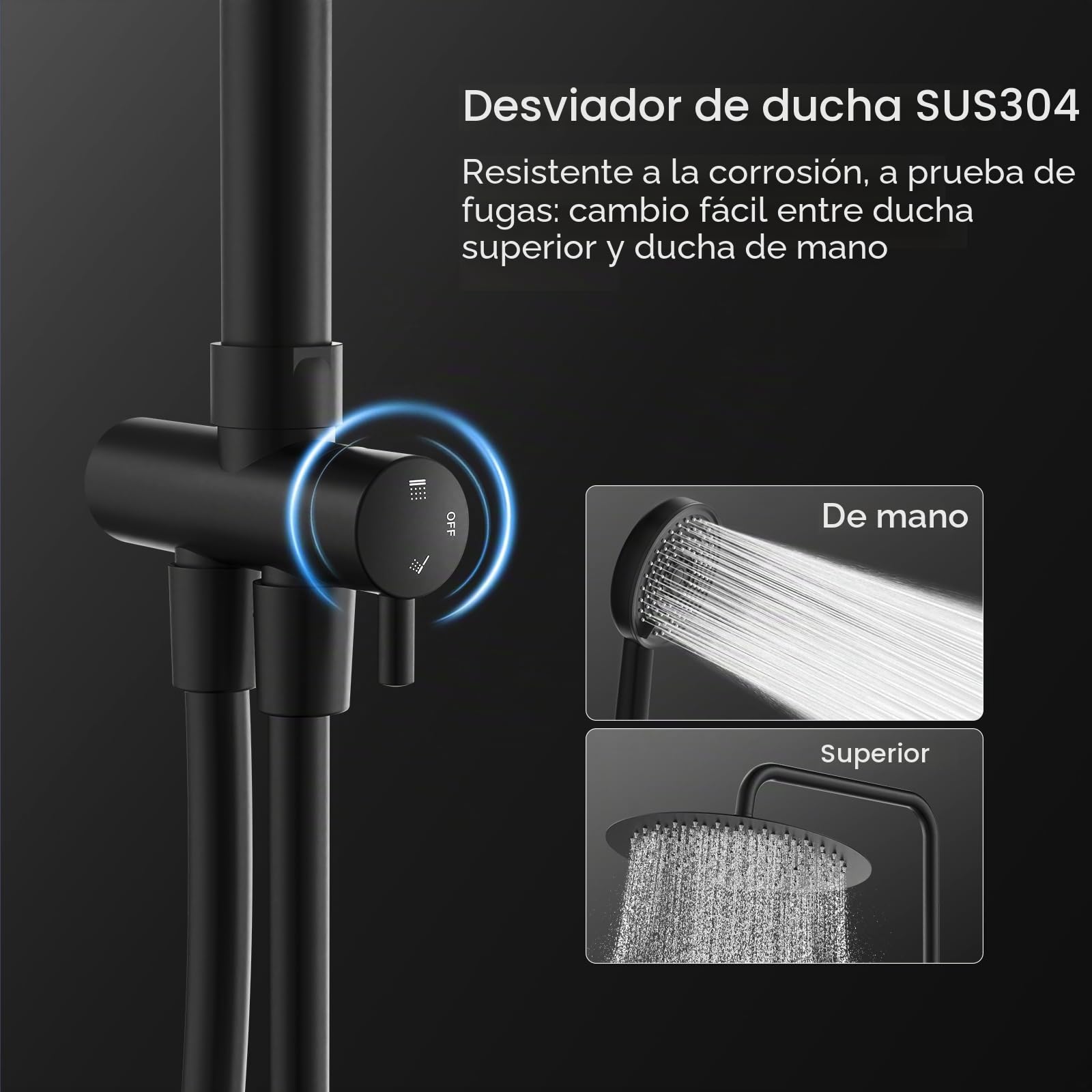 HOMELODY Ducha de efecto lluvia negra Sistema de ducha sin grifo, juego de ducha de efecto lluvia de acero inoxidable de 300 mm, altura ajustable, 3 tipos de chorro de ducha, juego de ducha de columna