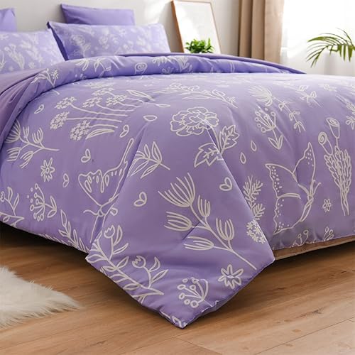 Miniatura 7 de A Nice Night Juego de ropa de cama de 7 piezas de edredón y sábanas, juego de edredón de mariposa floral de plantas, juegos de ropa de cama de