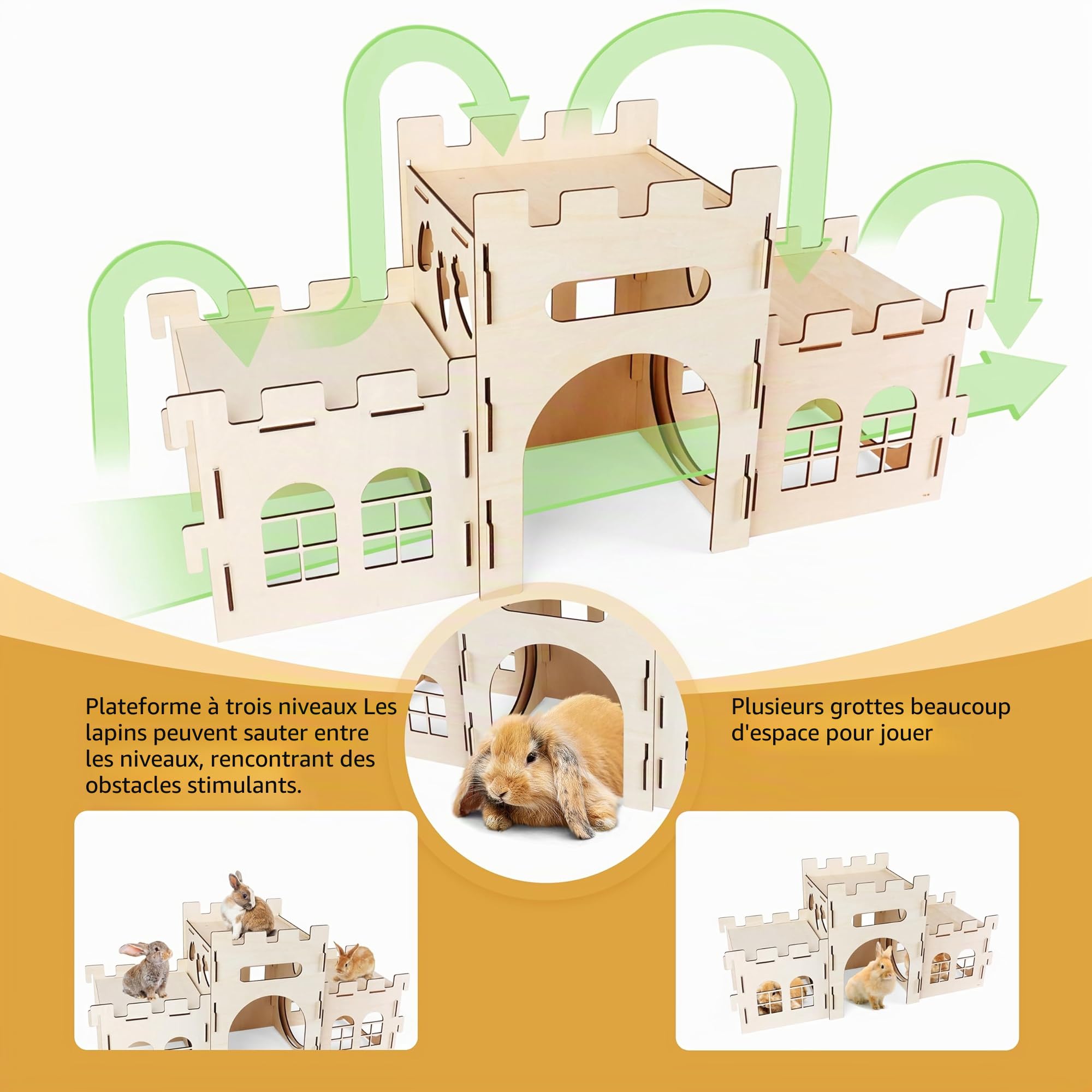 HIIMALEX Cachette de château de Lapin Extra Large pour l'intérieur - Balcon divisé pour Lapins - Tour d'escalade avec Tunnel - Maison Stable pour Lapins, furets, cochons d'Inde, Hamsters